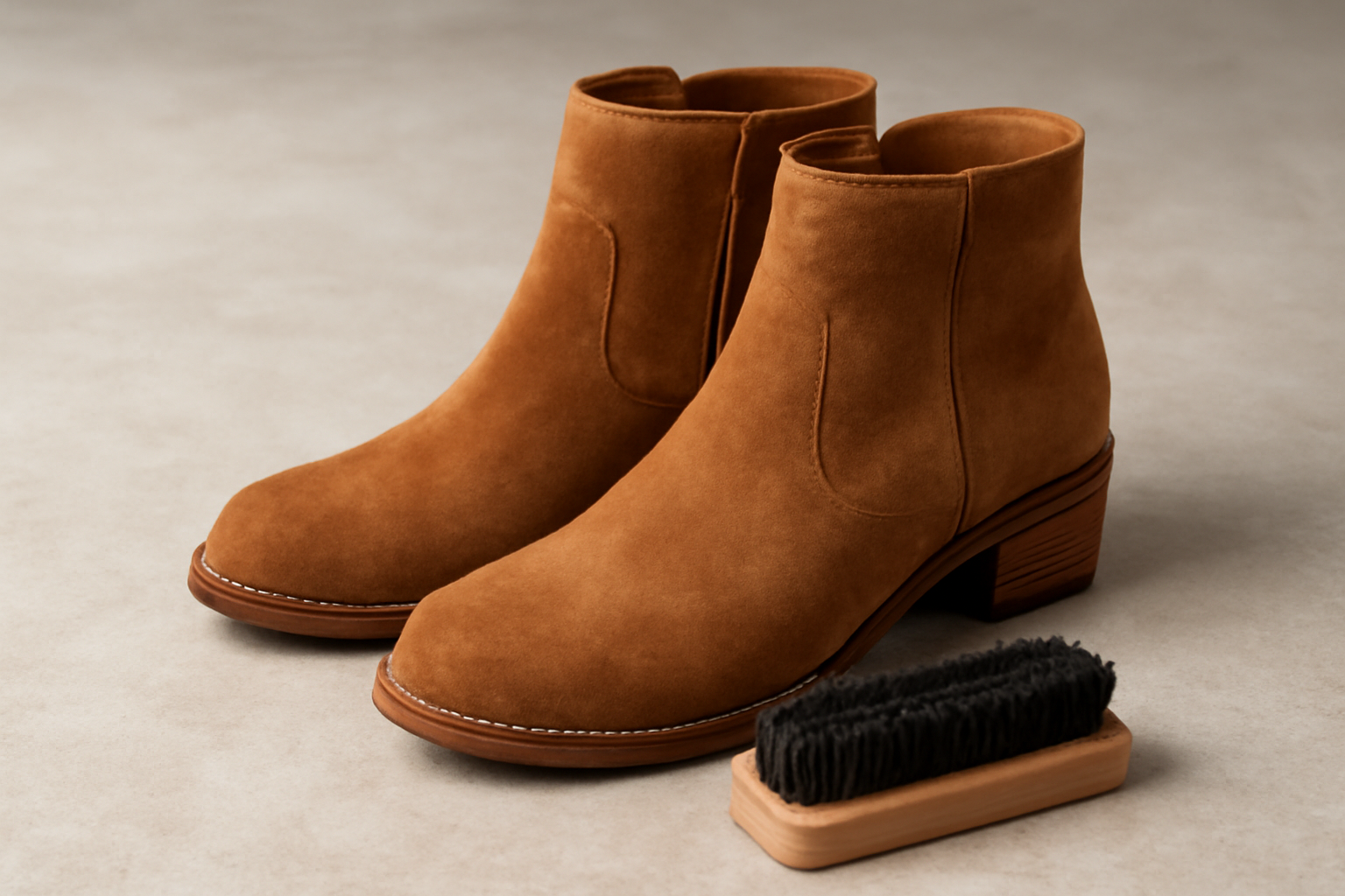 magasindemode-entretien-bottines-daim bottines en daim posées près d'une brosse