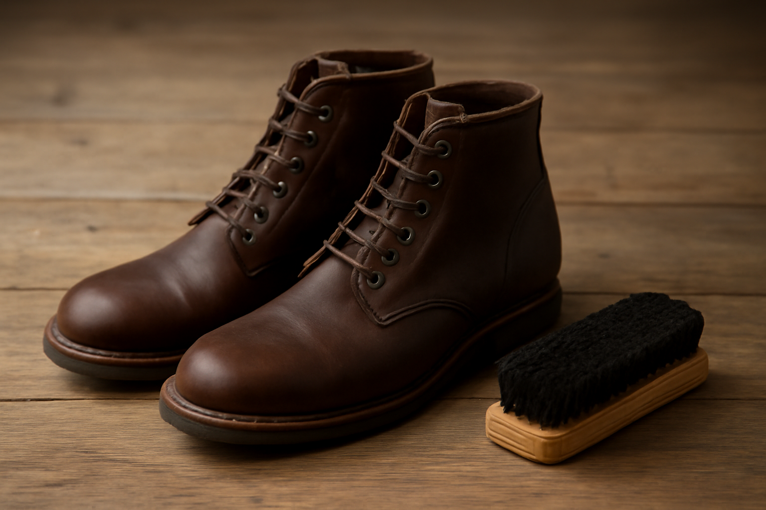 magasindemode-entretien-rapide-bottines-nubuck paire de bottines posée près d'une brosse