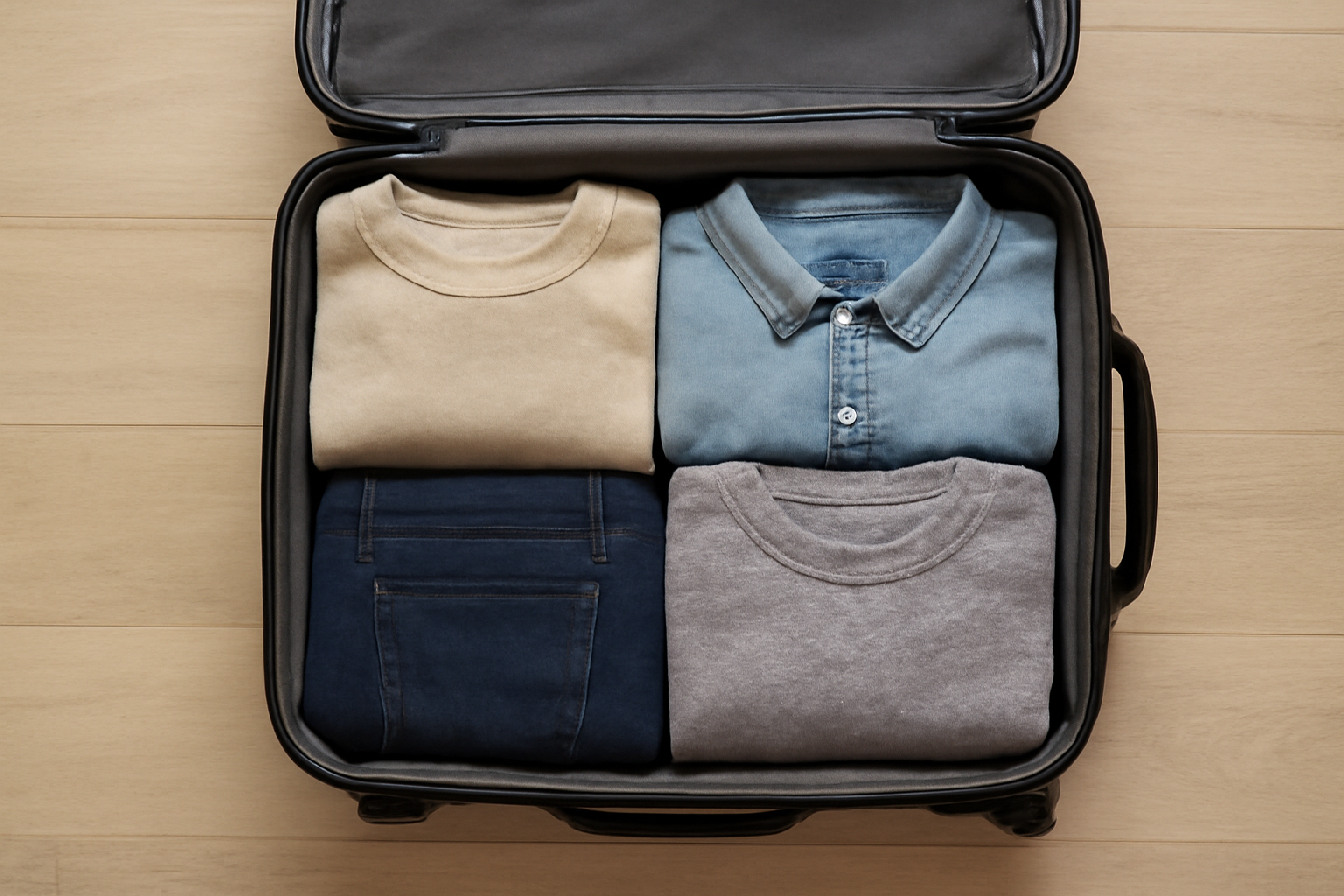 magasindemode-essentiels-pour-semaine-deplacement valise ouverte avec tenues pliées rangées