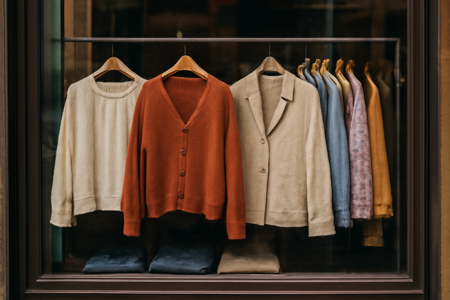 magasindemode-friperies-arrivages-reguliers vitrine friperie avec vêtements suspendus