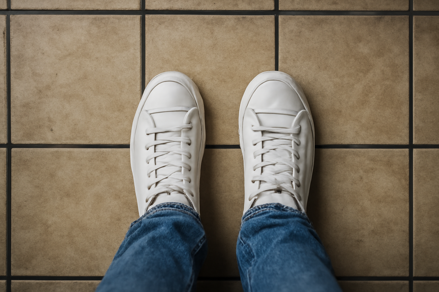 magasindemode-froid-aux-pieds-baskets pieds en baskets sur sol carrelé
