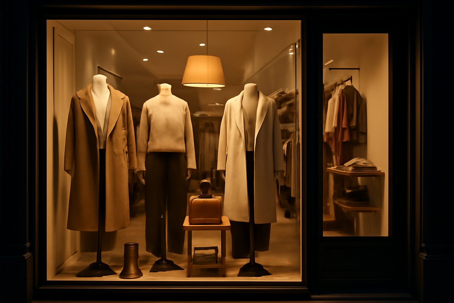 vitrine illuminée d'une boutique la soirée
