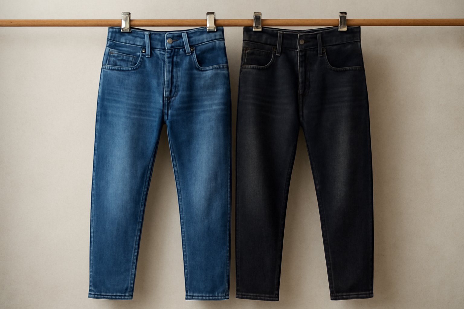 magasindemode-jean-clair-ou-fonce deux jeans suspendus contrastant couleurs