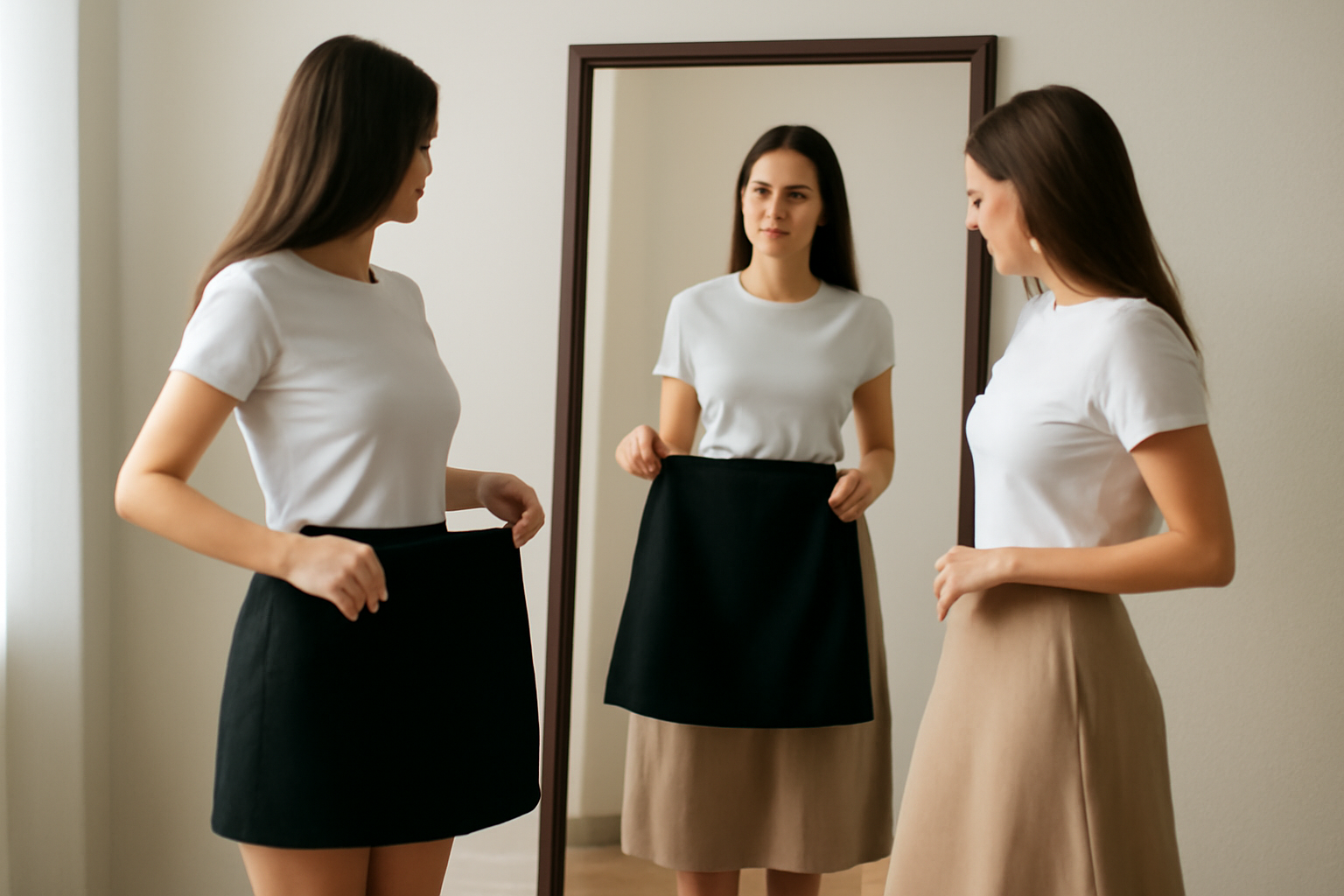 magasindemode-longueur-jupe-silhouette-equilibree femme essayant différentes longueurs de jupe devant un miroir