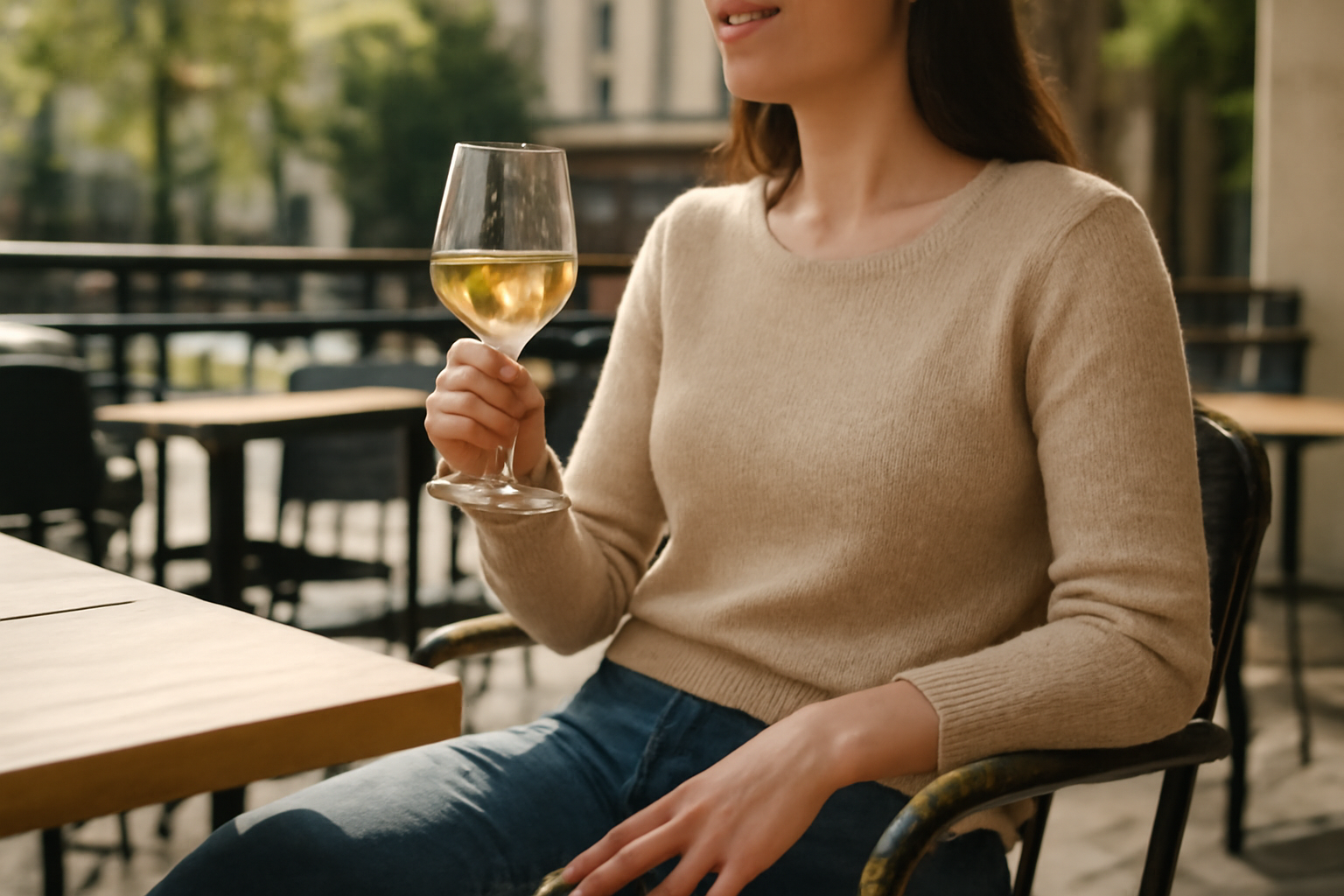 personne tenant un verre assise sur terrasse