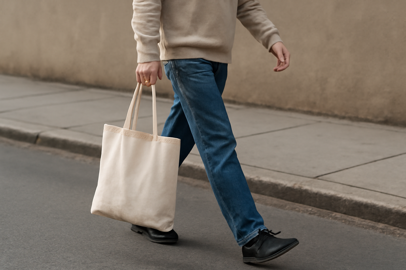 magasindemode-look-balade-dominicale-ville personne marchant sur trottoir avec sac léger