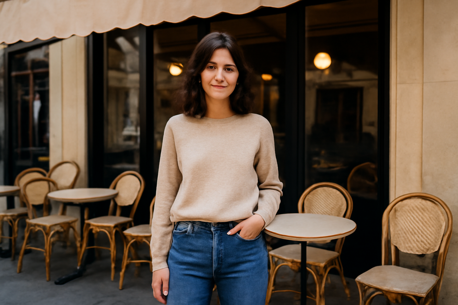 personne debout devant un café en terrasse