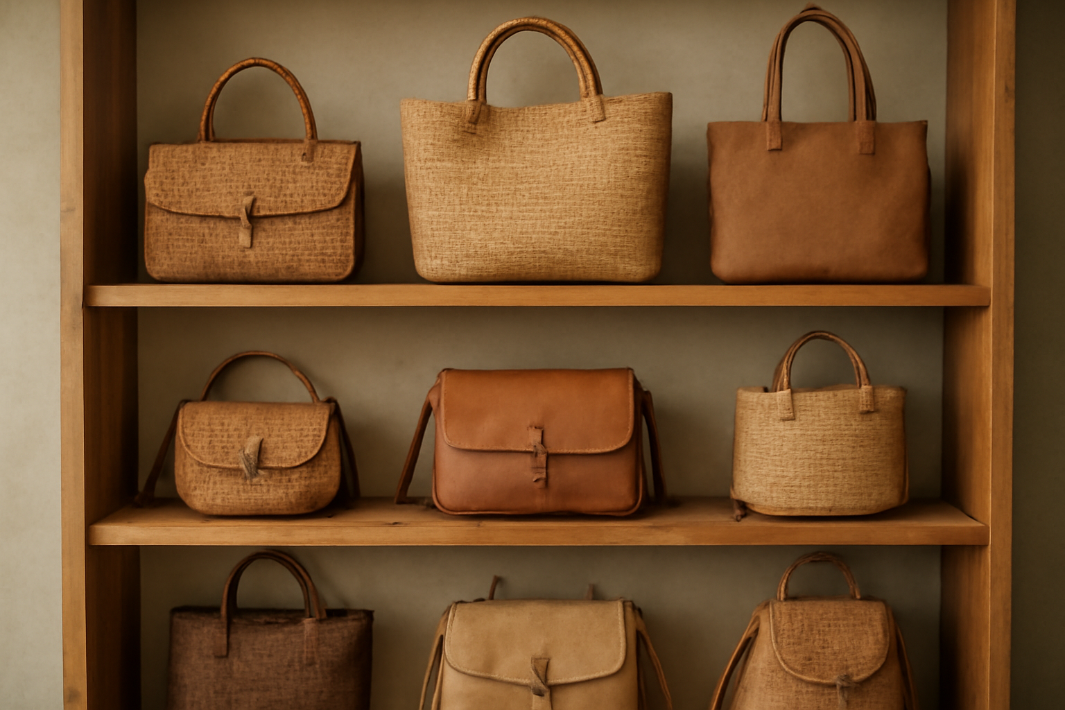 magasindemode-maison-olive-sacs sacs artisanaux exposés sur étagère bois