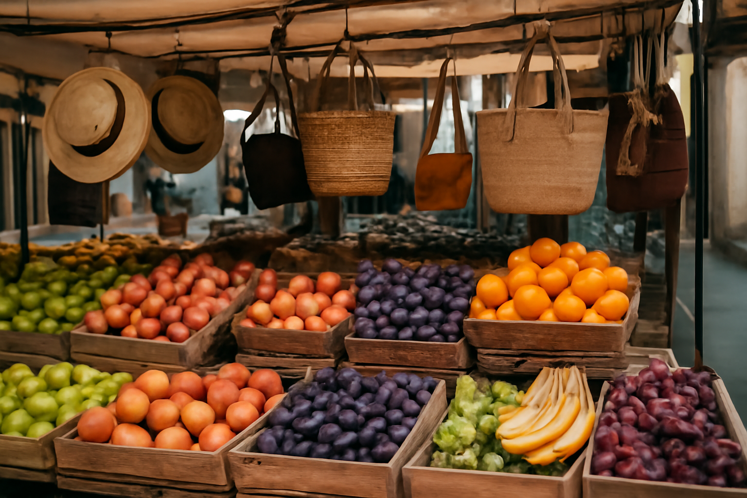 magasindemode-marches-alimentaires-accessoires étals marché mêlant fruits et accessoires