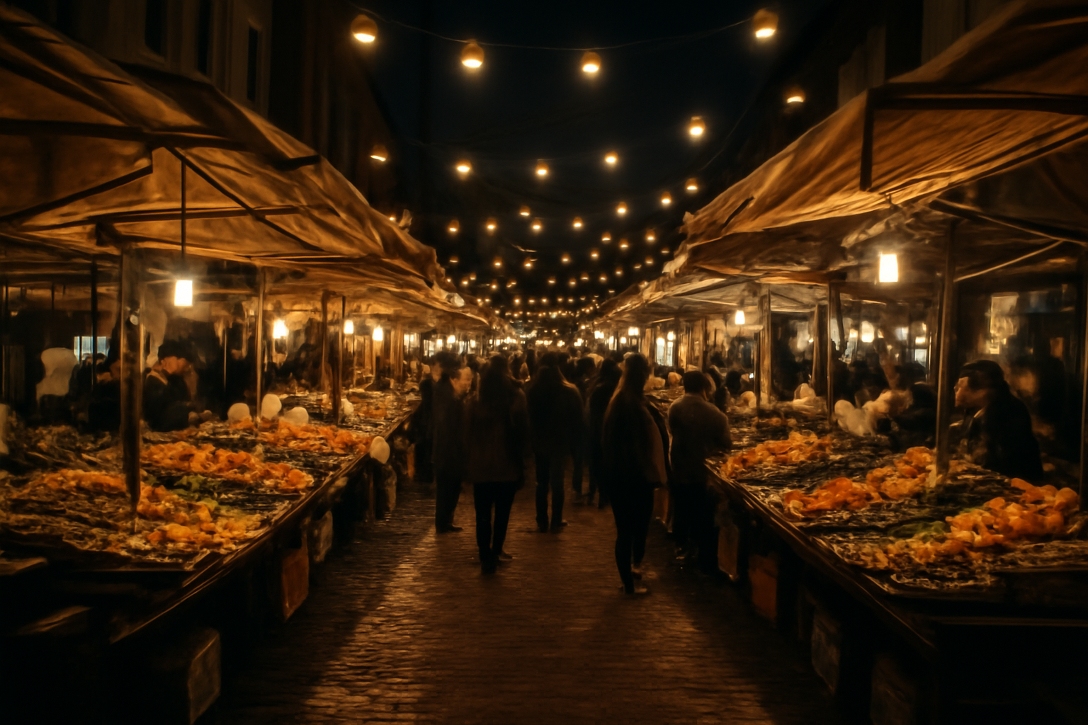 allée de marché illuminée en soirée