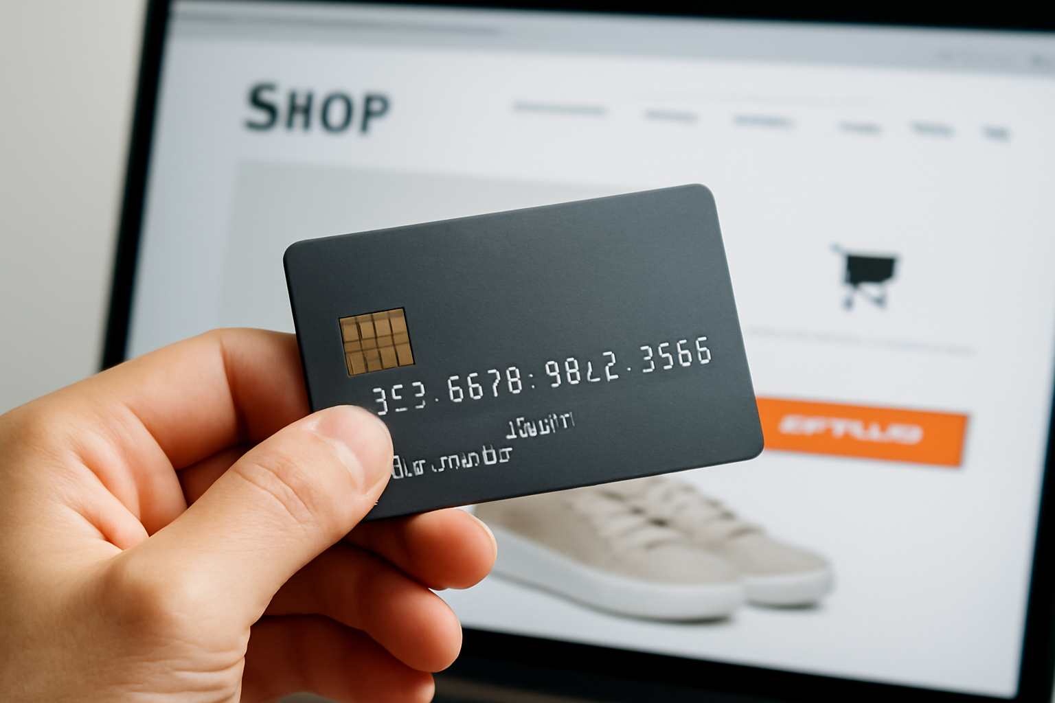 magasindemode-mode-paiement-securise-achats-en-ligne main tenant une carte bancaire devant un écran d'achat