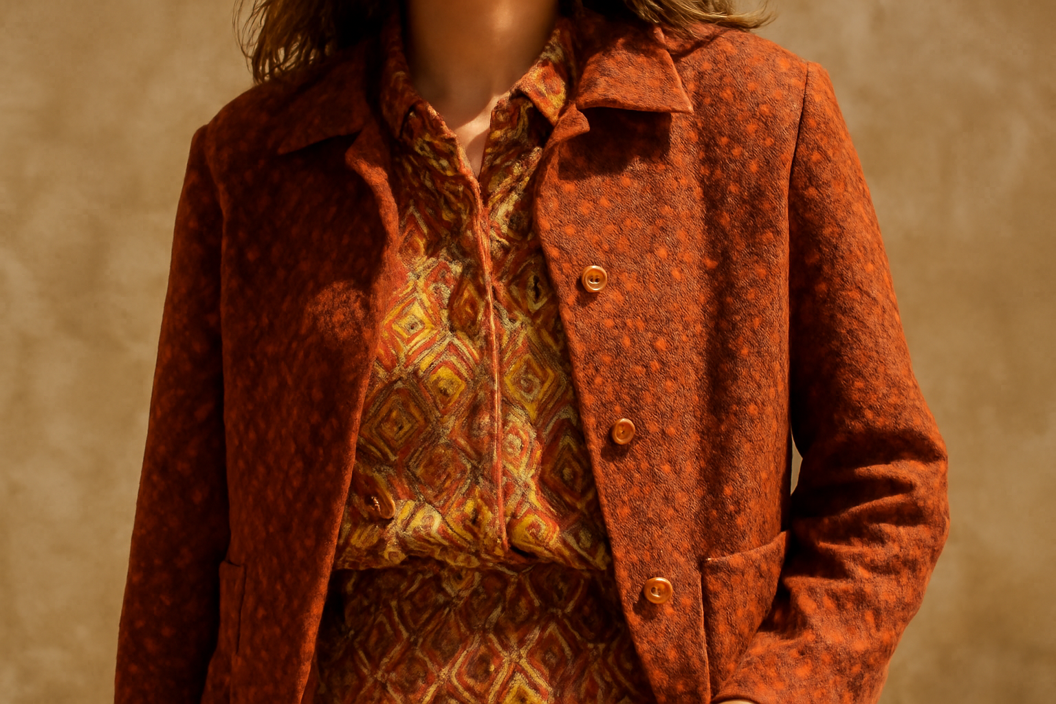 tenue aux tons chauds et imprimés mixtes