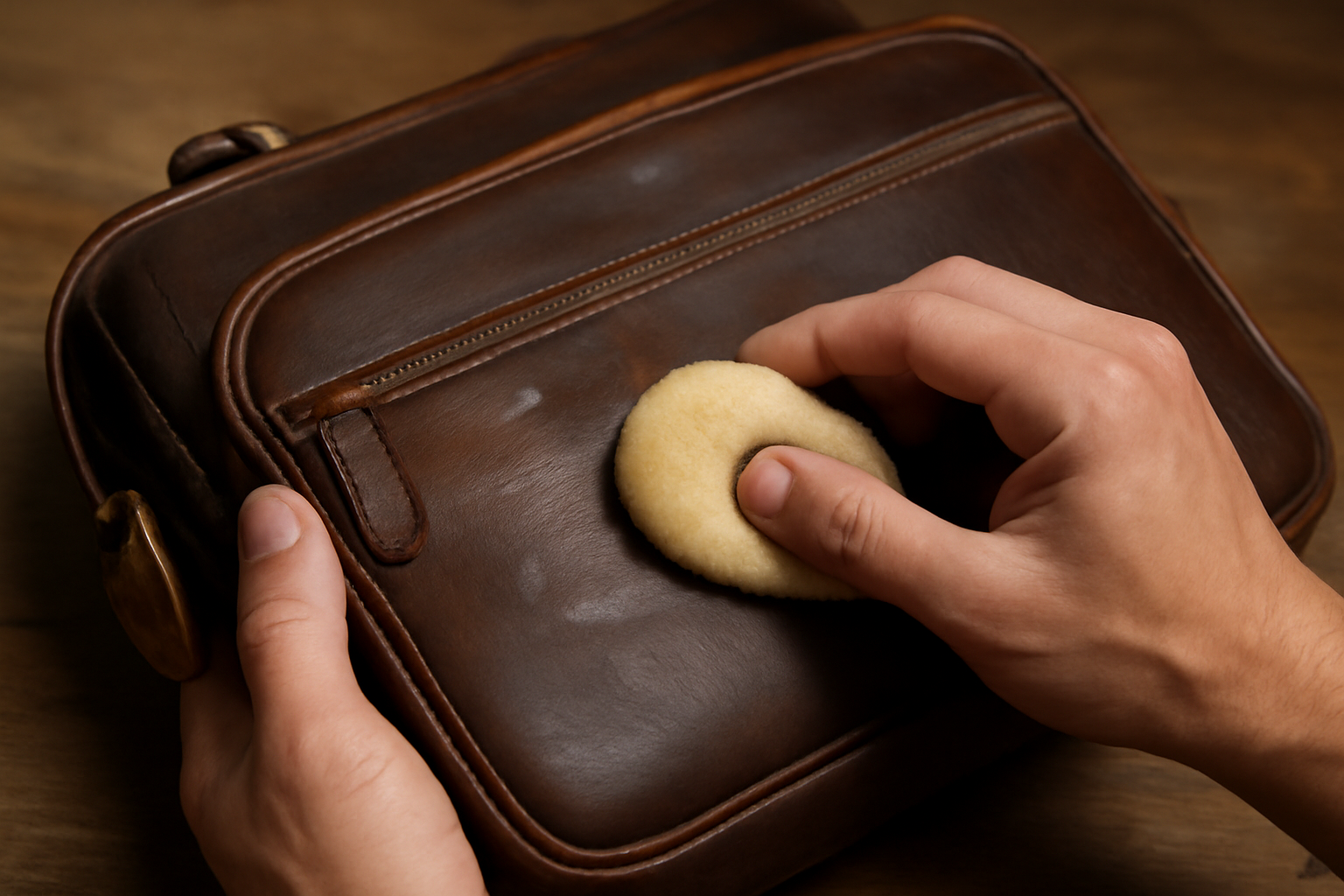 magasindemode-nourrir-sac-cuir-sans-abimer mains appliquant cire sur un sac en cuir