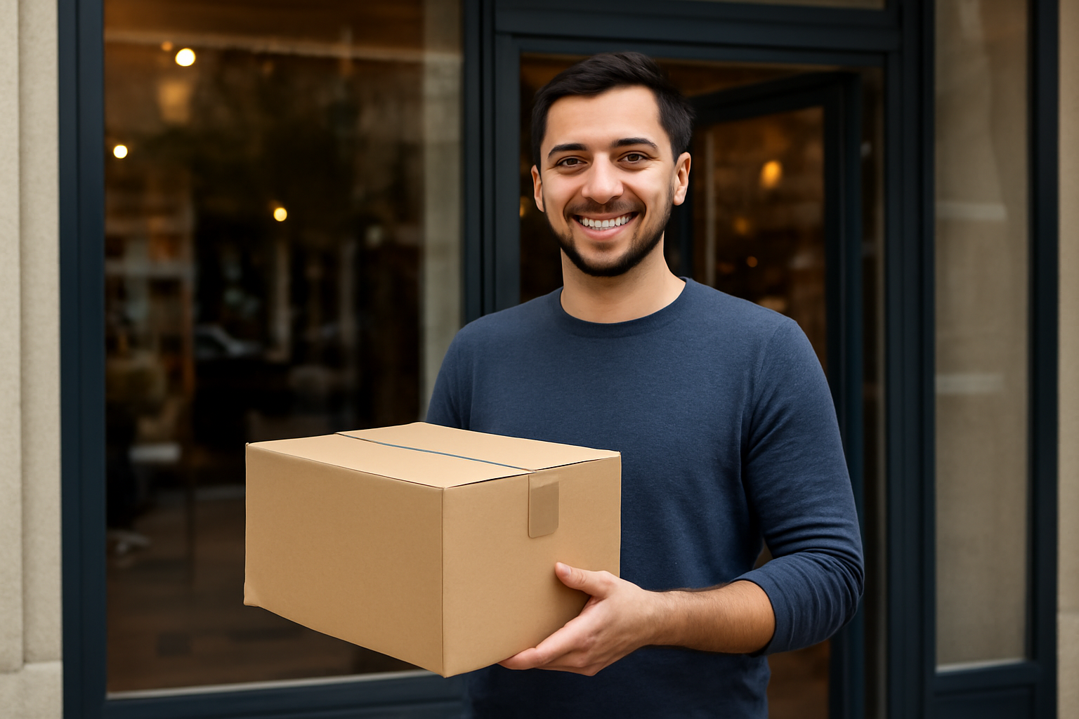 magasindemode-option-retour-achat-en-ligne client tenant un colis devant une boutique