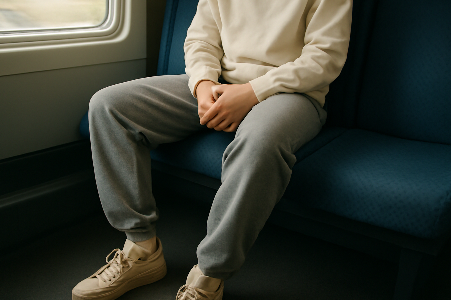 personne assise en pantalon confortable dans un train