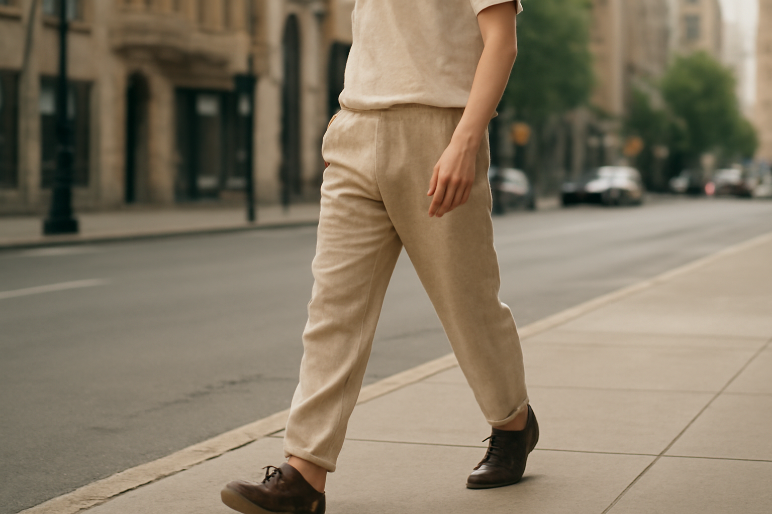 magasindemode-pantalon-frais-journee-chaude personne en pantalon léger marchant en ville