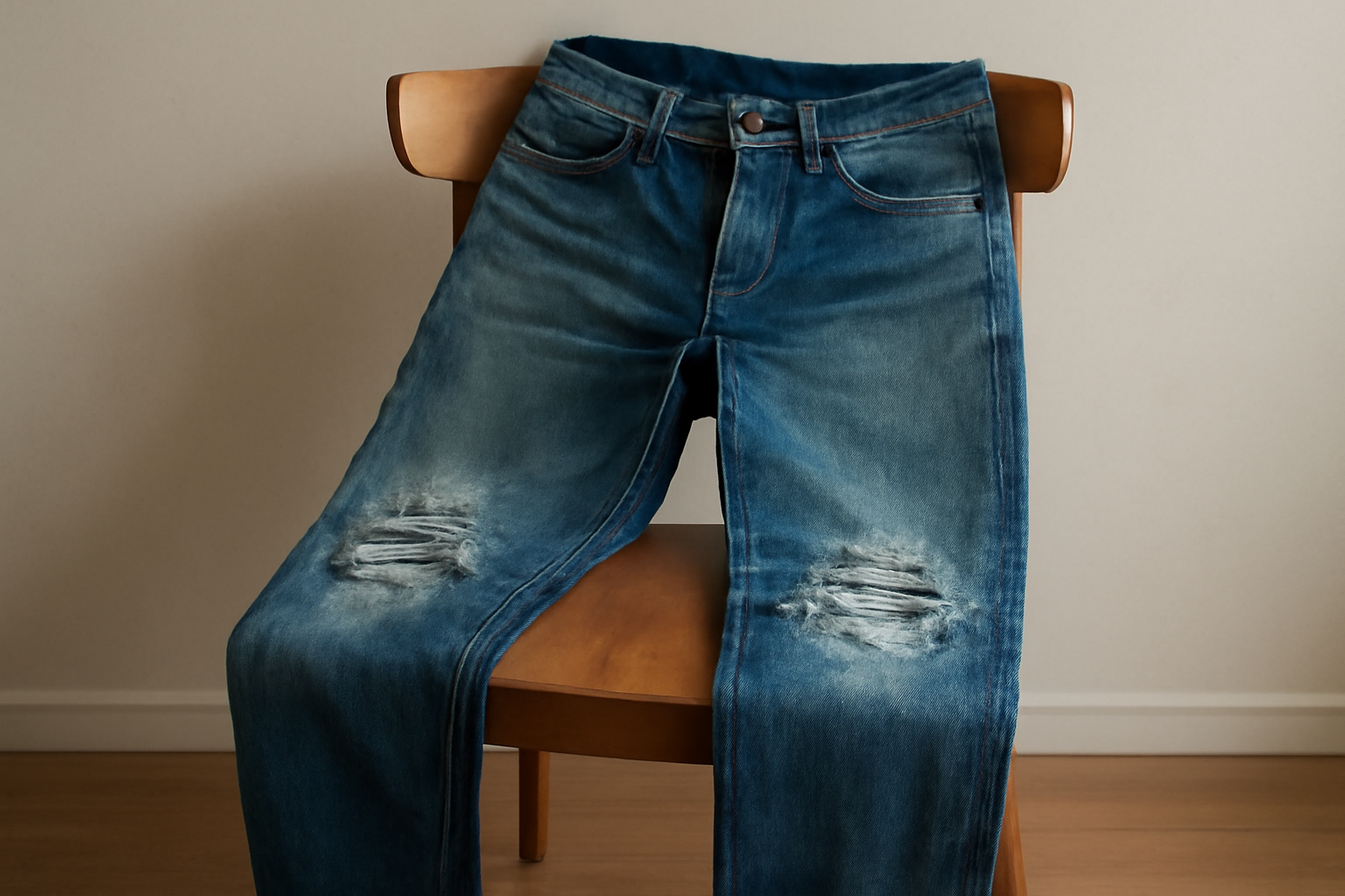 magasindemode-pantalon-suse-genoux pantalon avec usure aux genoux posé sur chaise