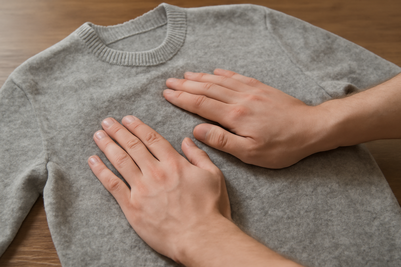 mains frottant un pull sur table