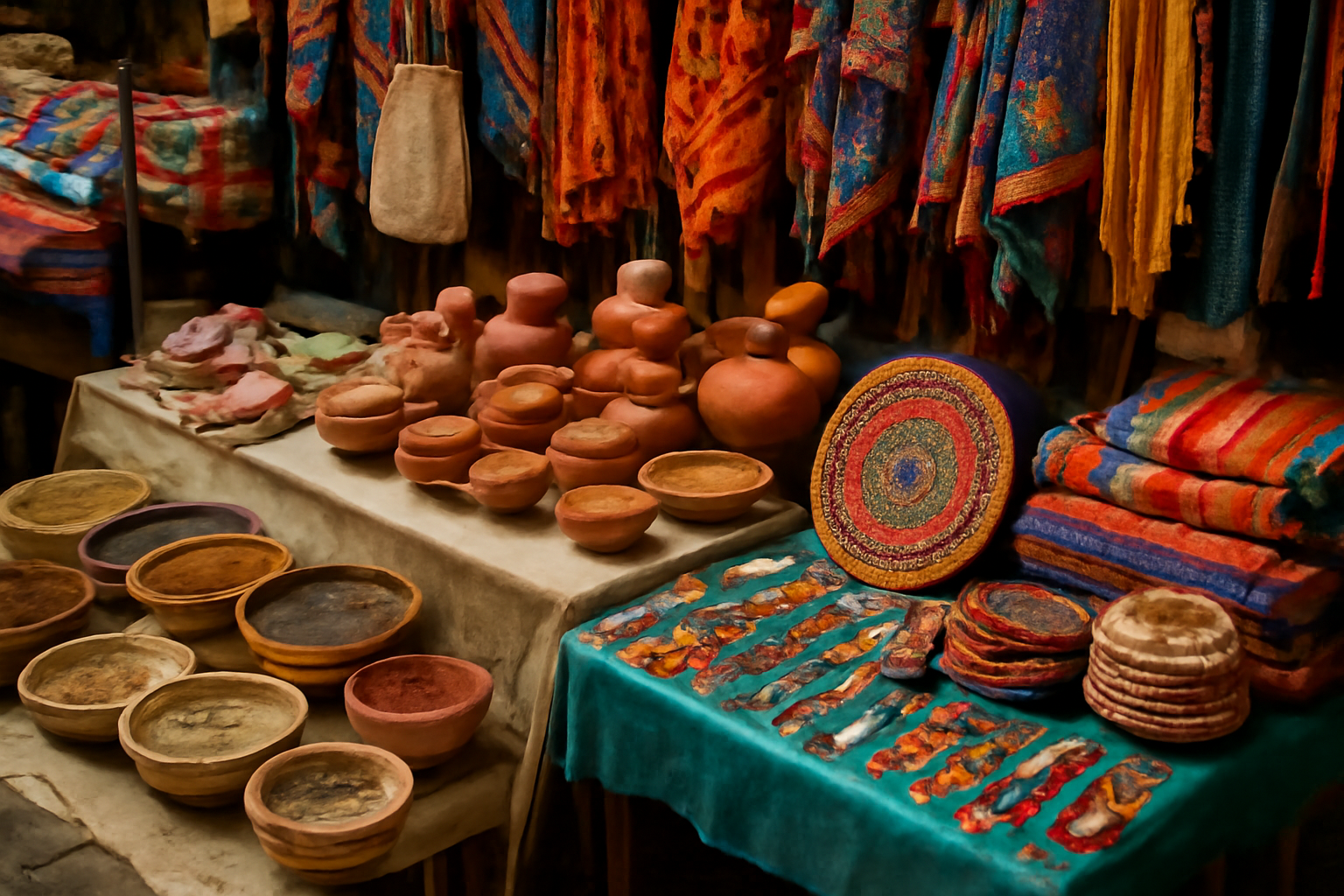 magasindemode-pieces-artisanales-balade étals de marché avec objets artisanaux colorés