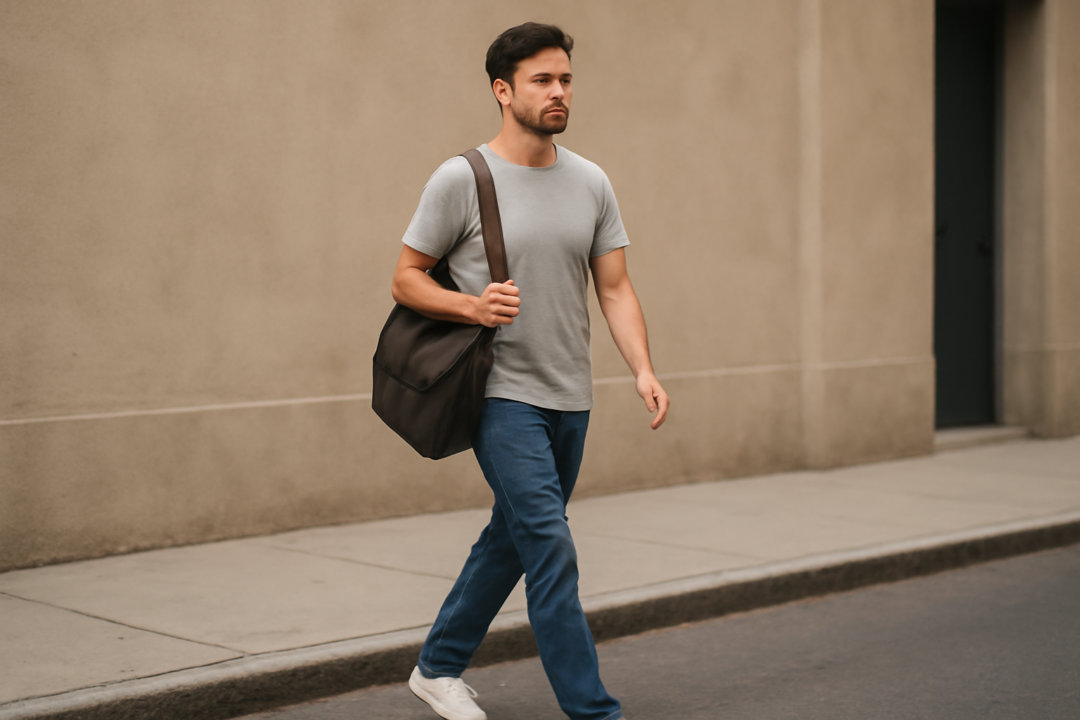magasindemode-pieces-pour-longue-marche personne marchant en tenue décontractée avec sac