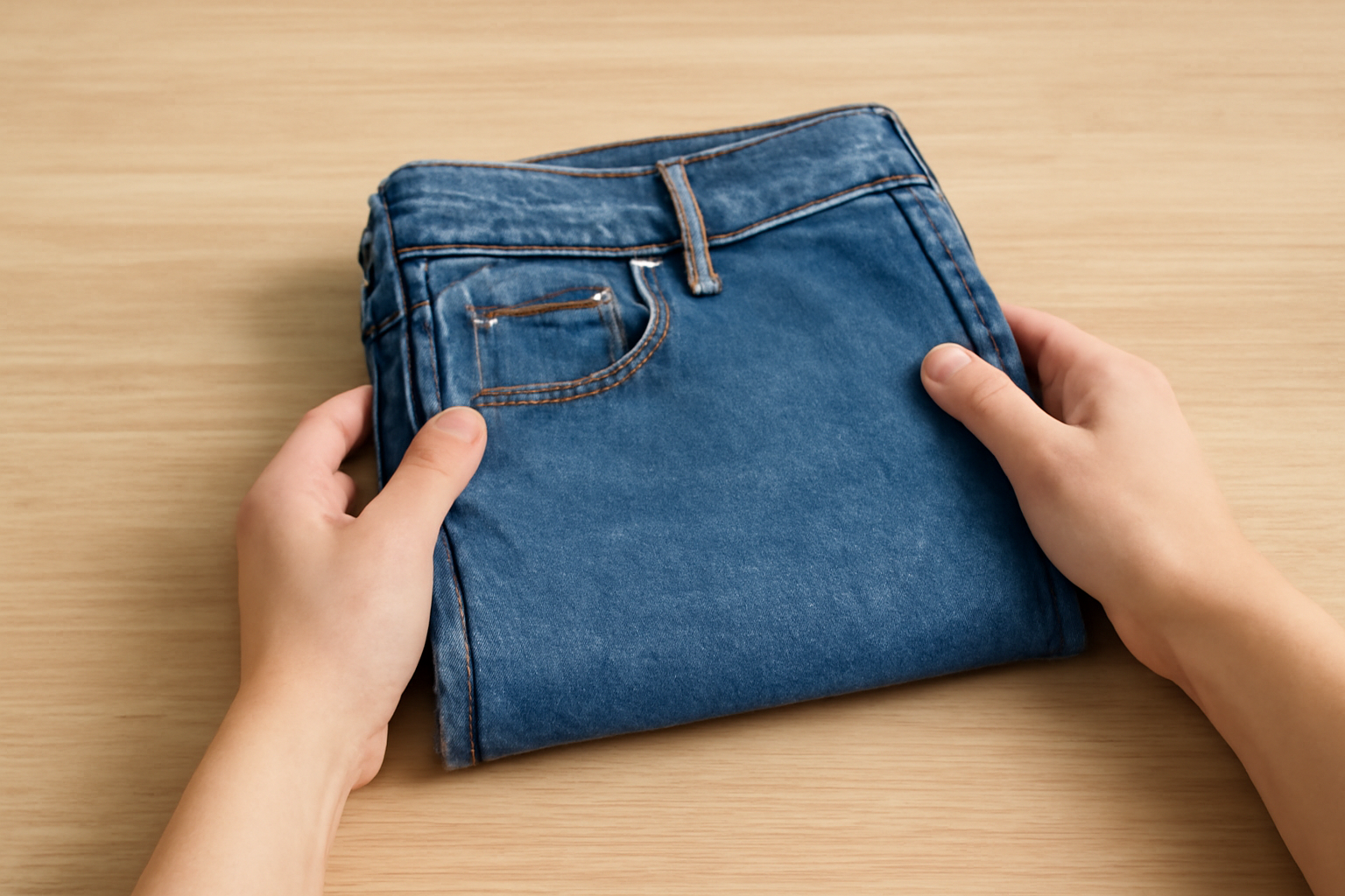 magasindemode-preparer-vetement-retoucheur mains pliant un pantalon avant retouche