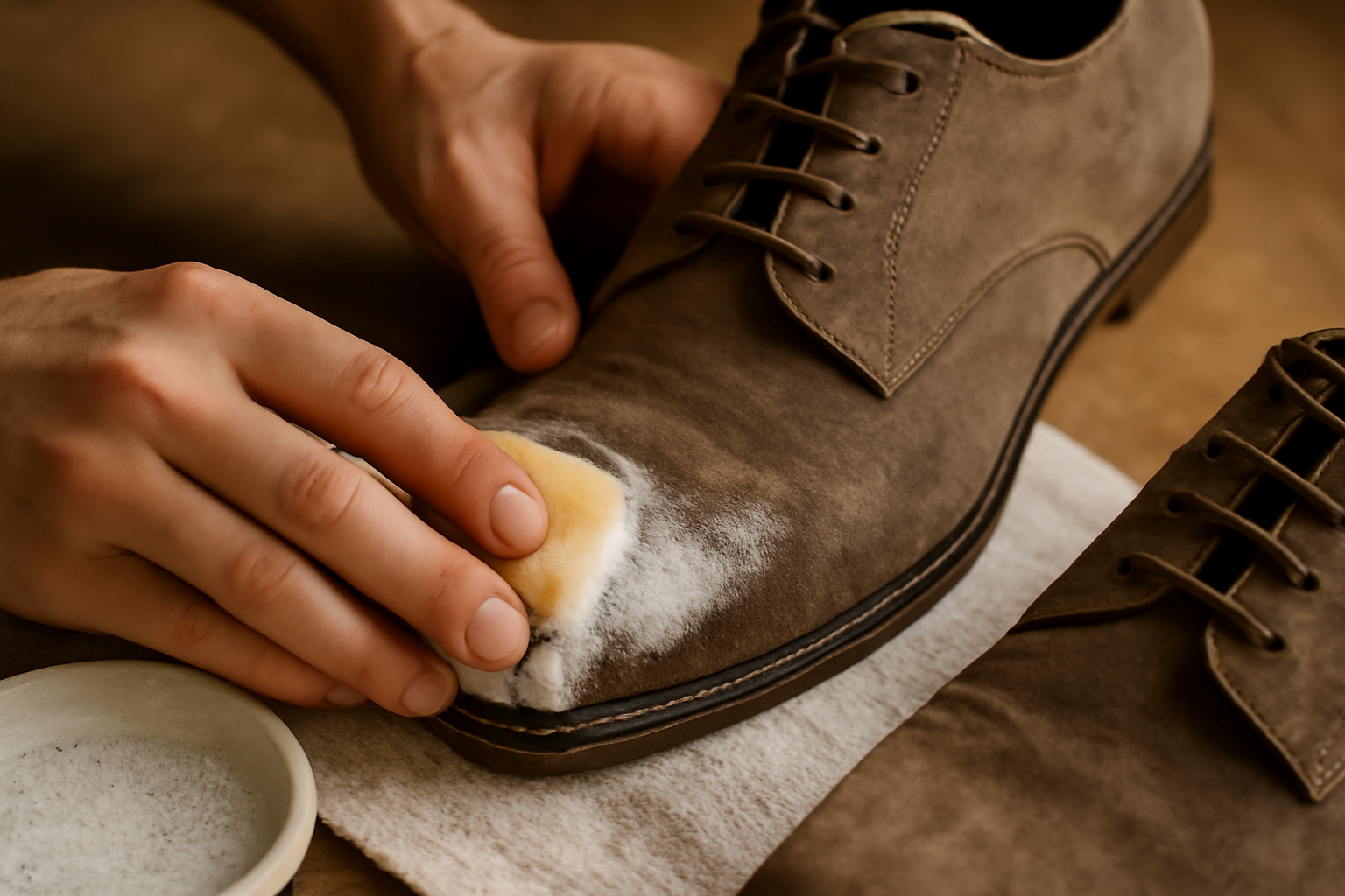 magasindemode-raviver-daim-sans-abimer mains nettoyant une paire de chaussures en daim