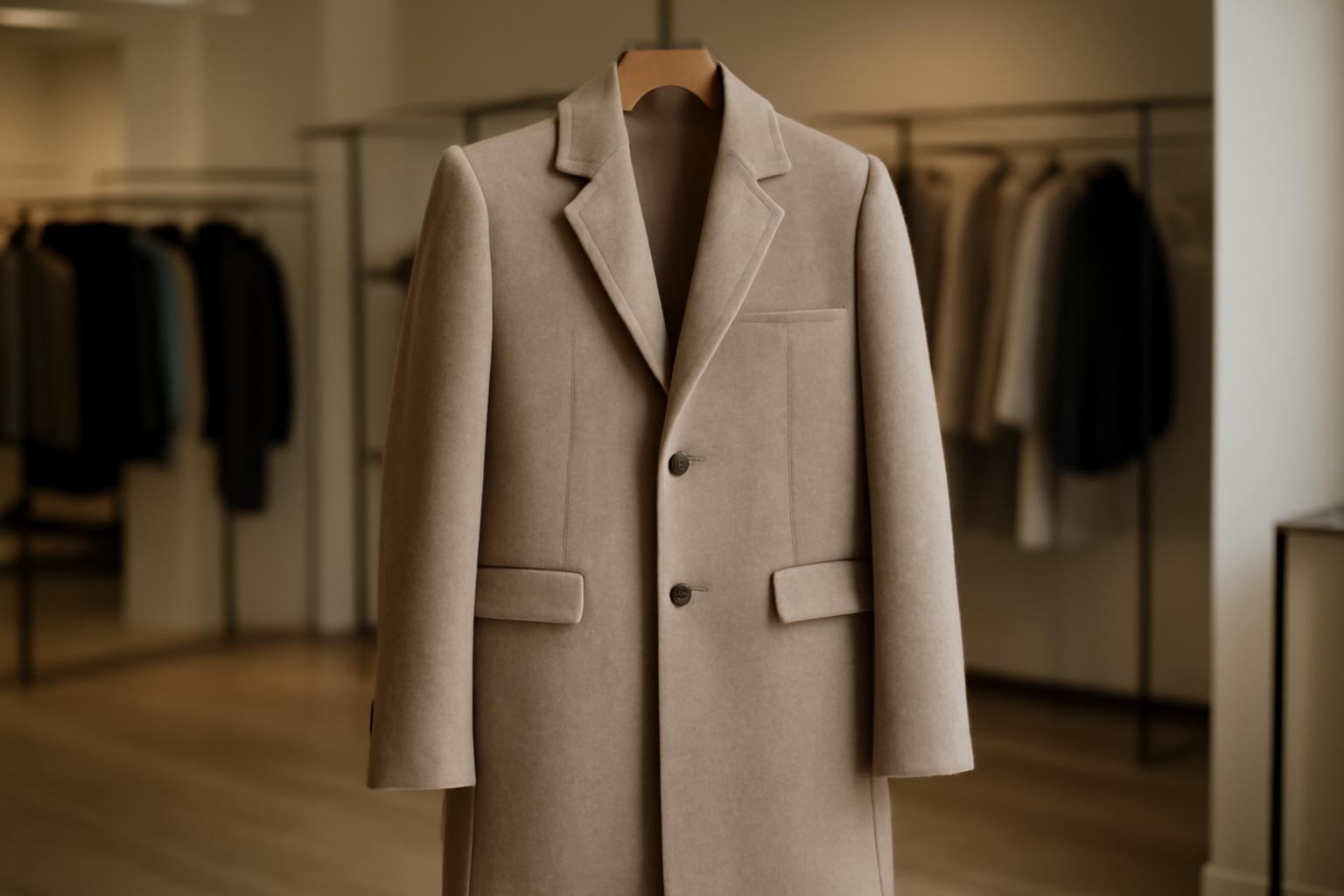 manteau structuré posé sur portant en boutique