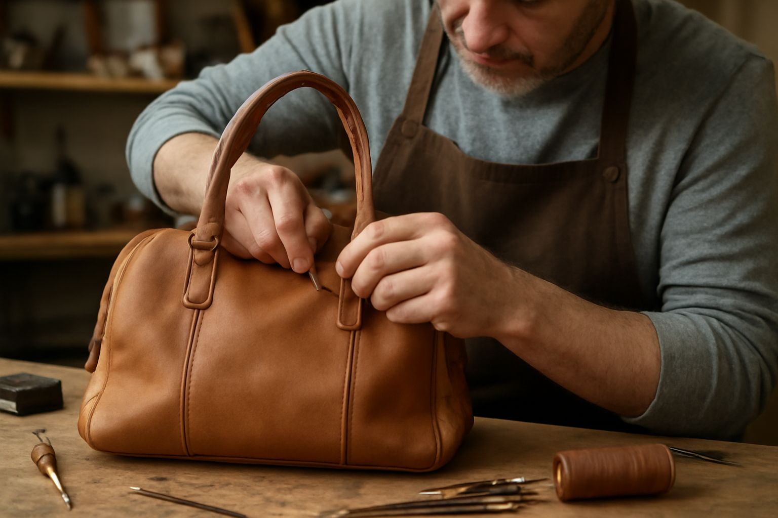 atelier réparant un sac à main