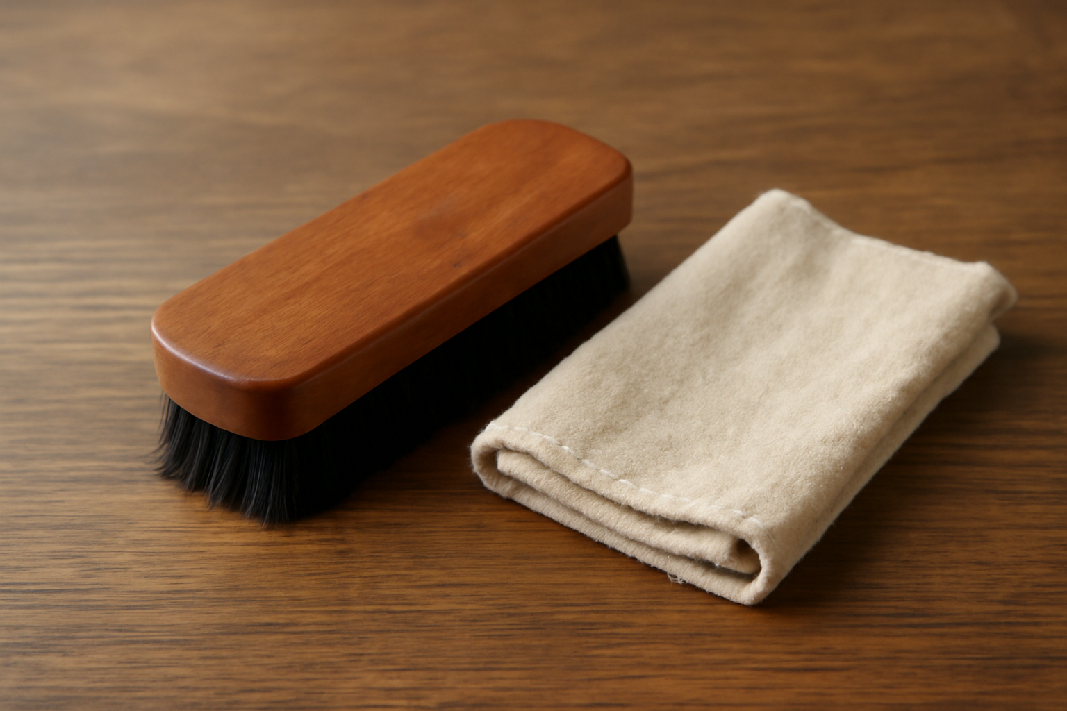 brosse à chaussures et chiffon sur table