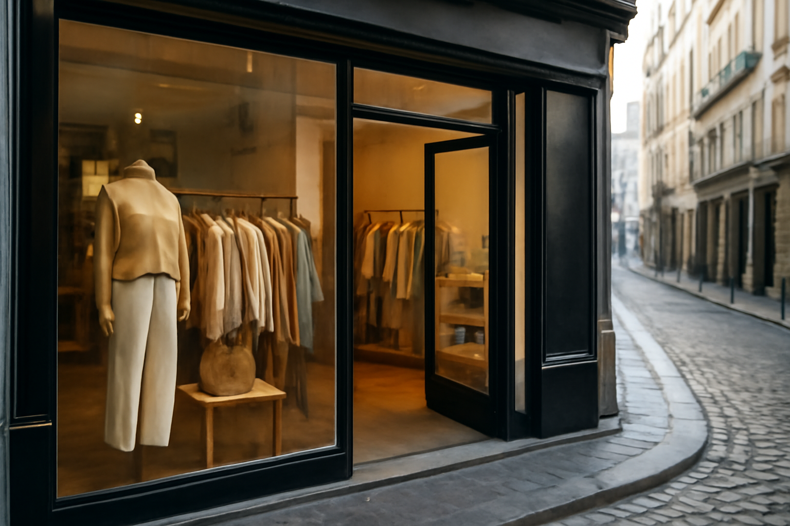 vitrine ouverte sur rue piétonne au matin