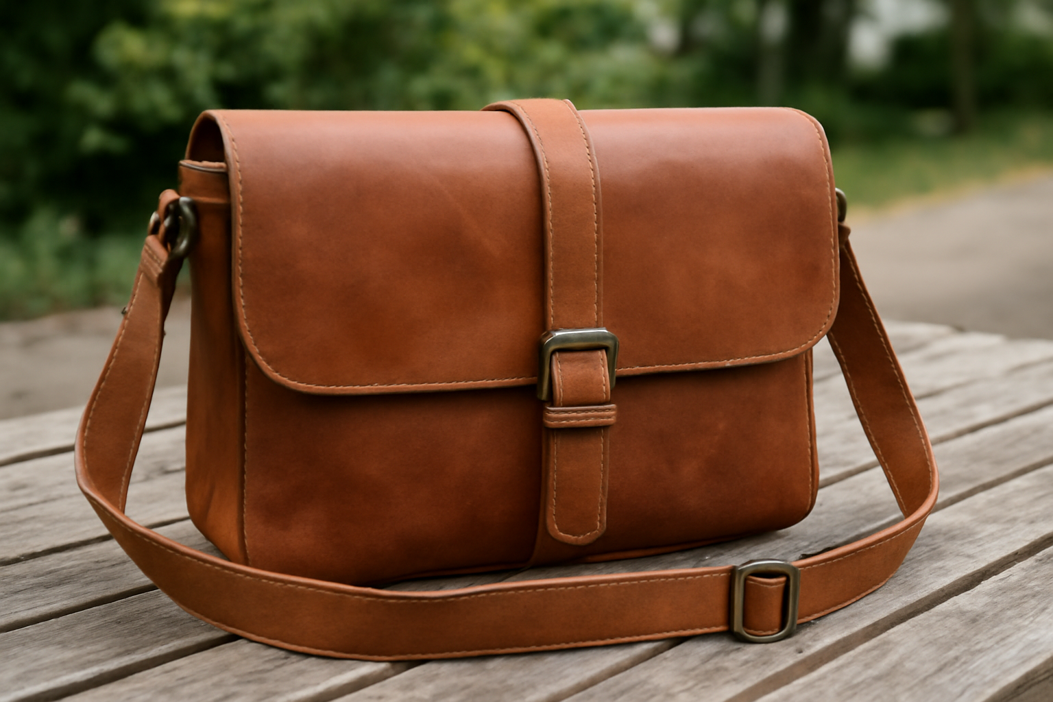 sac bandoulière posé sur une table extérieure