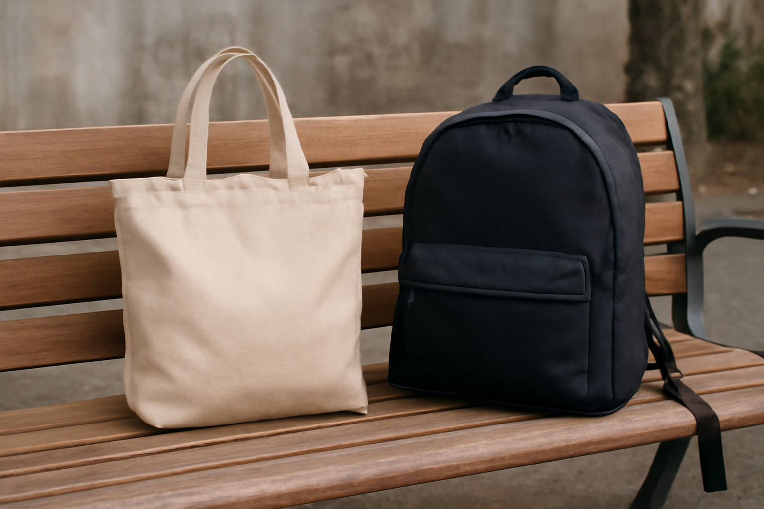magasindemode-sac-bandouliere-ou-dos-weekend deux sacs posés sur un banc urbain