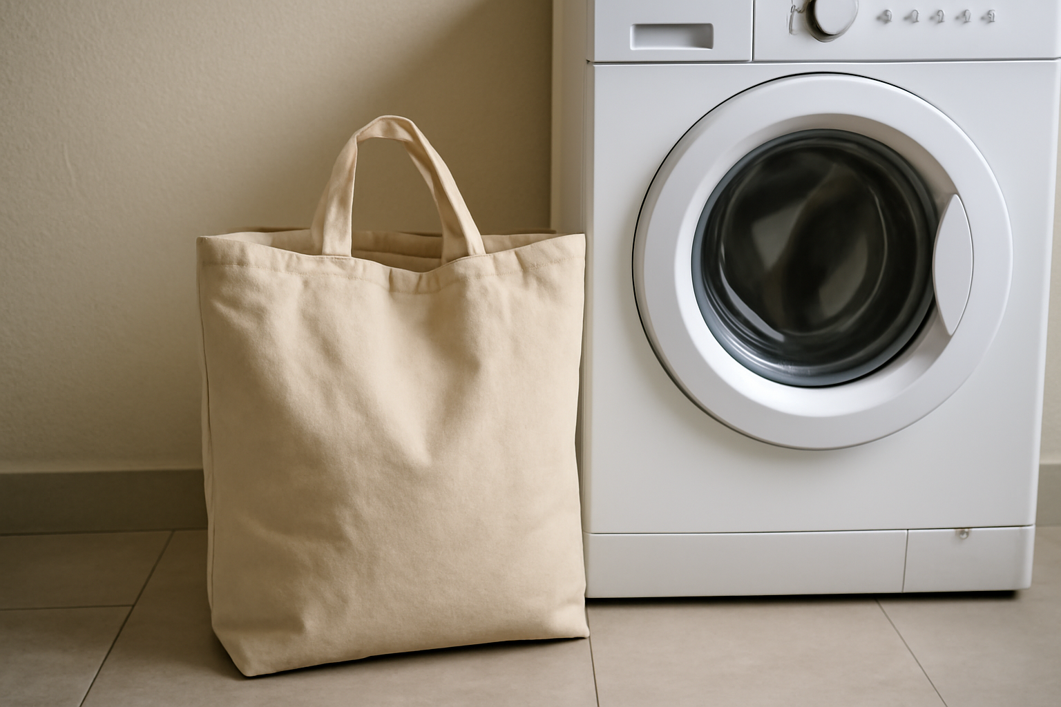 sac en toile posé près d'une machine à laver