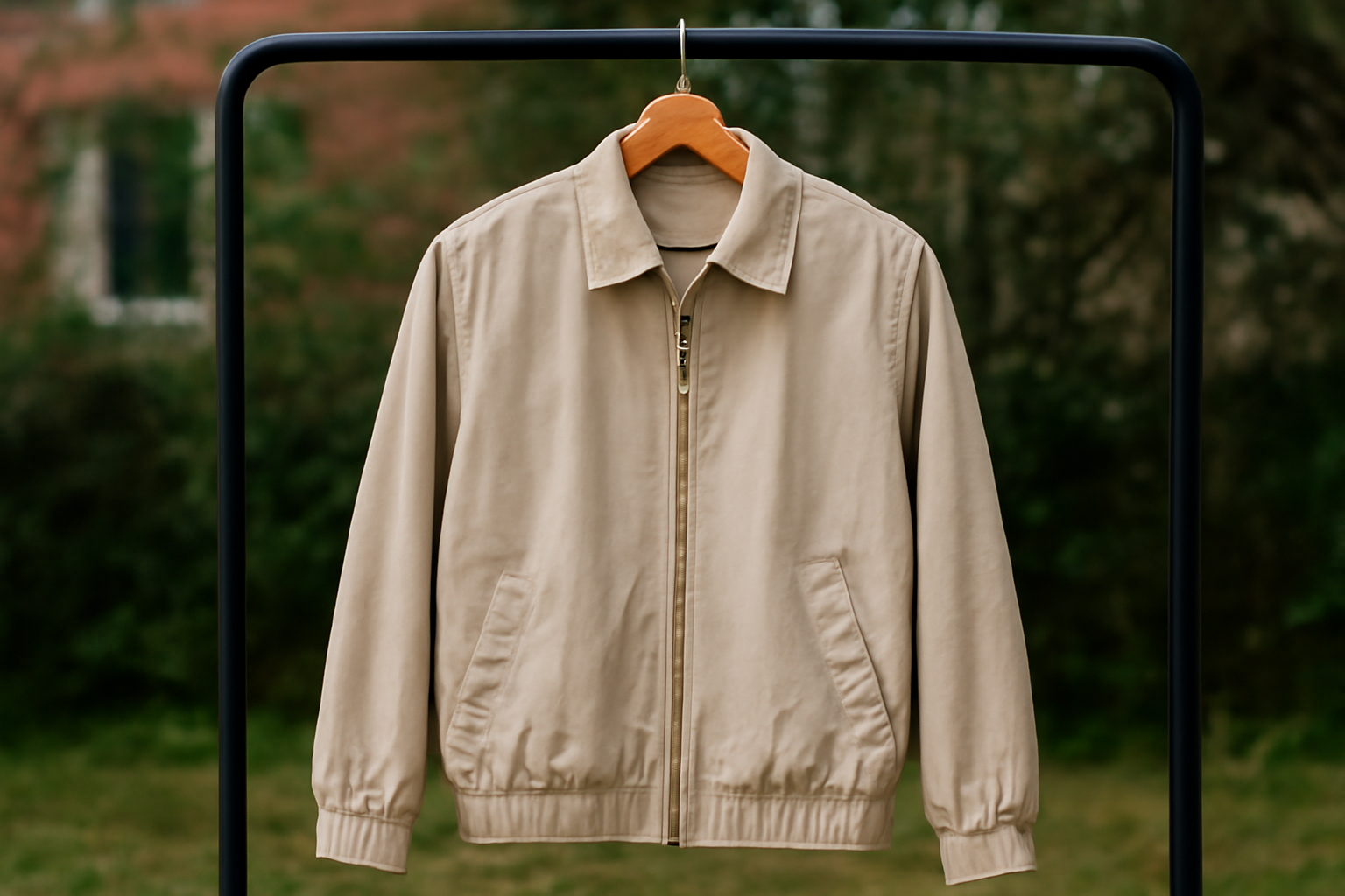 veste légère posée sur un portant extérieur