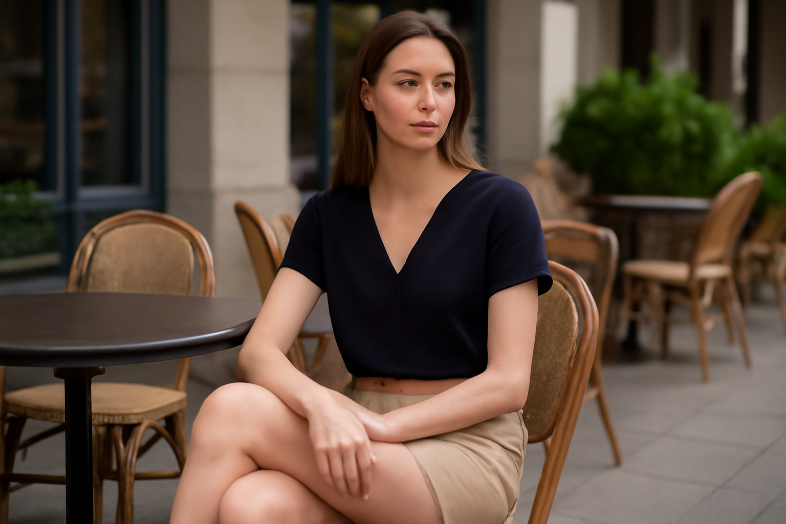 femme portant short chic en terrasse