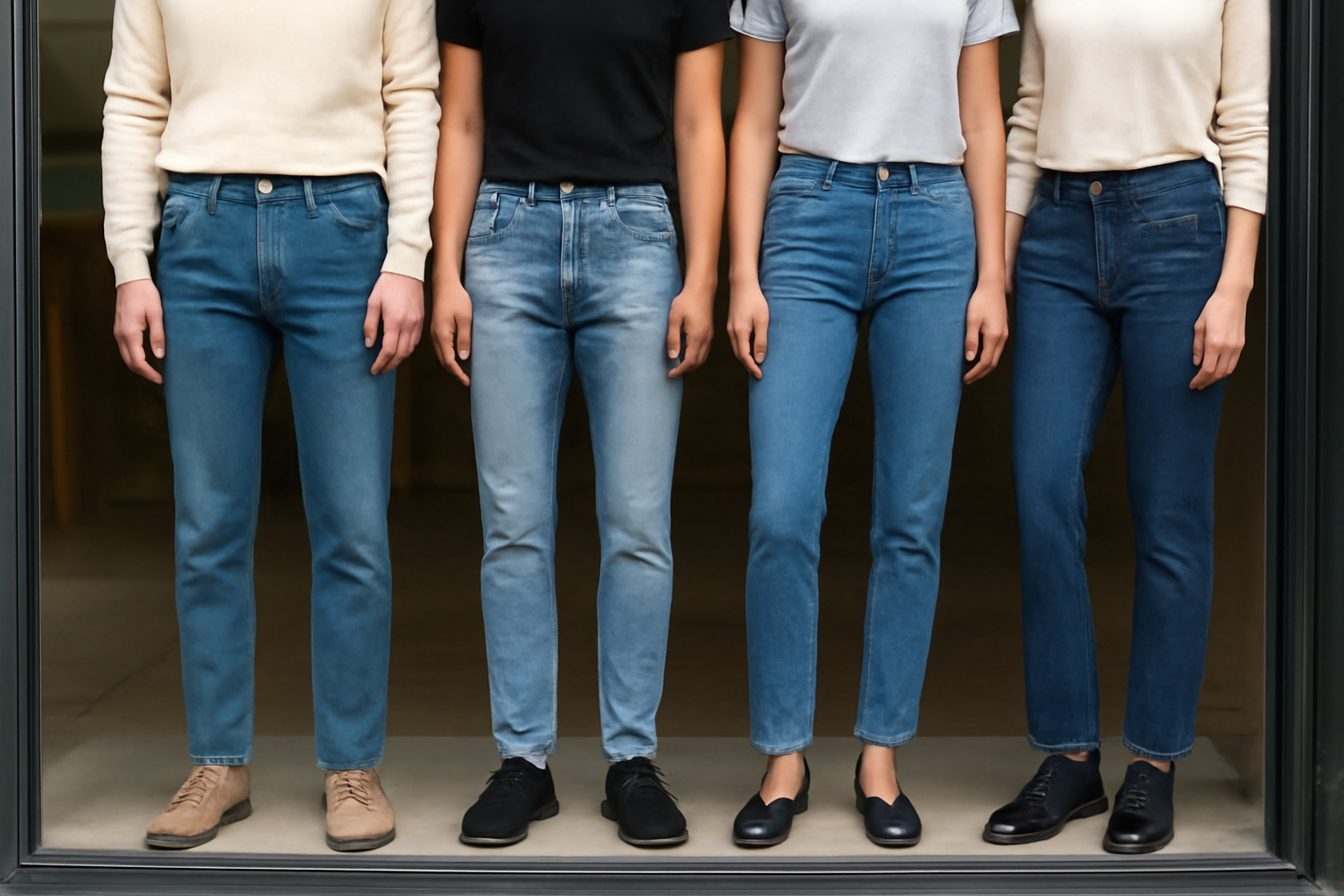 magasindemode-skinny-ou-droit-selon-silhouette personnes portant différents jeans en vitrine
