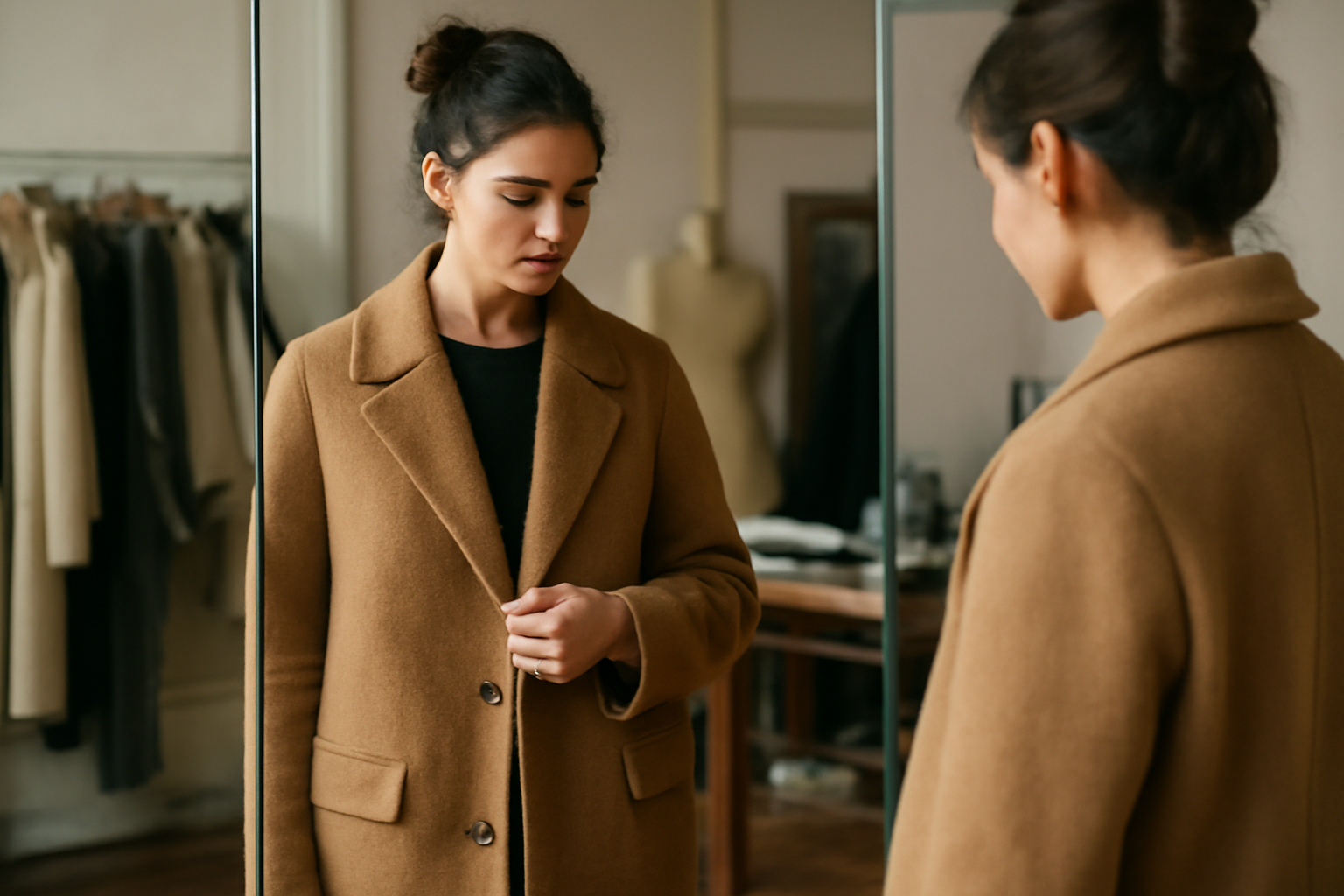 magasindemode-studio-olli-manteaux-investissement personne essayant un manteau en atelier