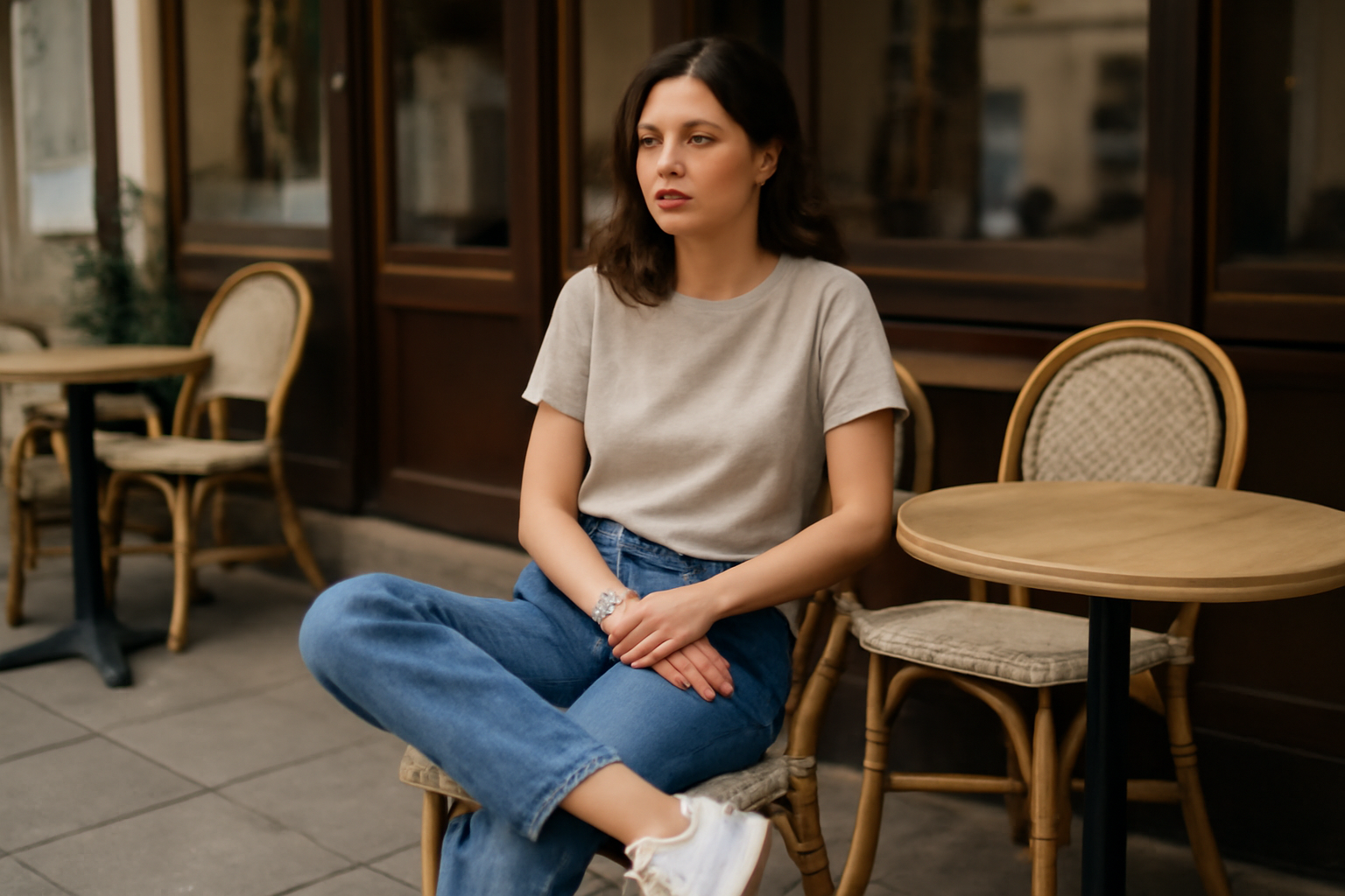 magasindemode-tenue-brunch-terrasse femme assise en terrasse en tenue décontractée