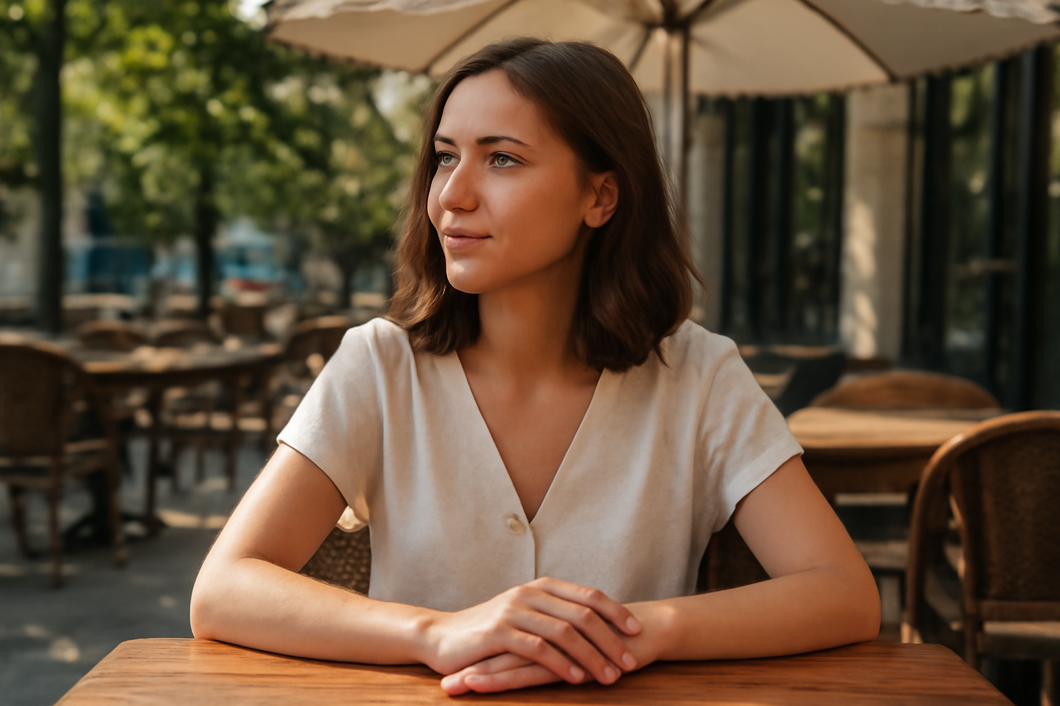 magasindemode-tenue-minimaliste-brunch personne assise à table en terrasse tenue légère