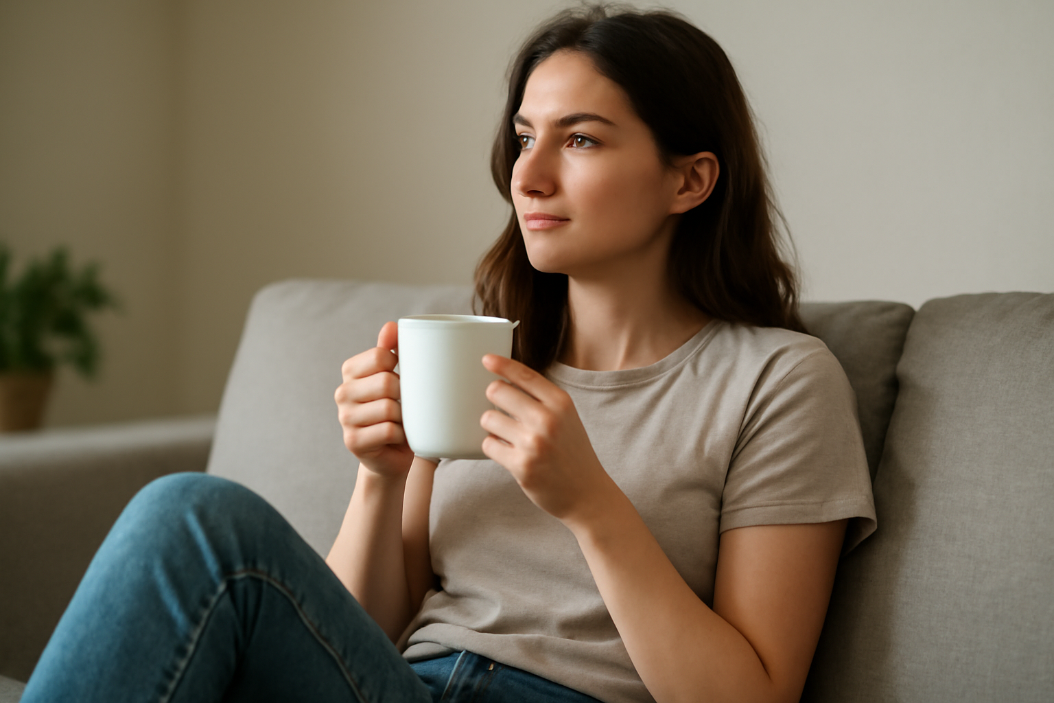 magasindemode-tenue-rendez-vous-cafe personne assise avec tasse et tenue casual