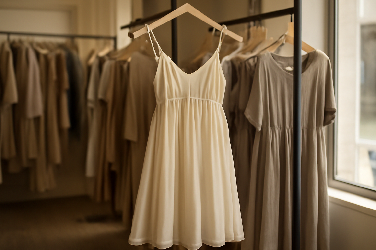 magasindemode-tissu-robe-anti-froissage robe fluide posée sur cintre dans boutique