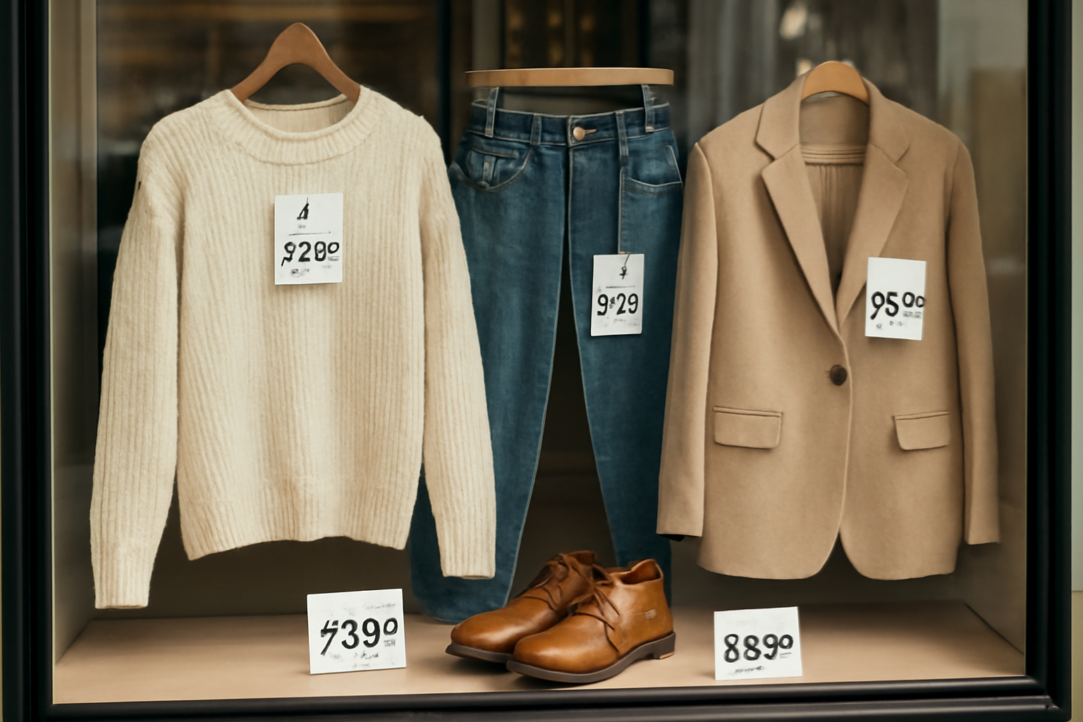 magasindemode-trouver-promos-boutiques-locales vitrine d'étalage avec étiquettes de prix