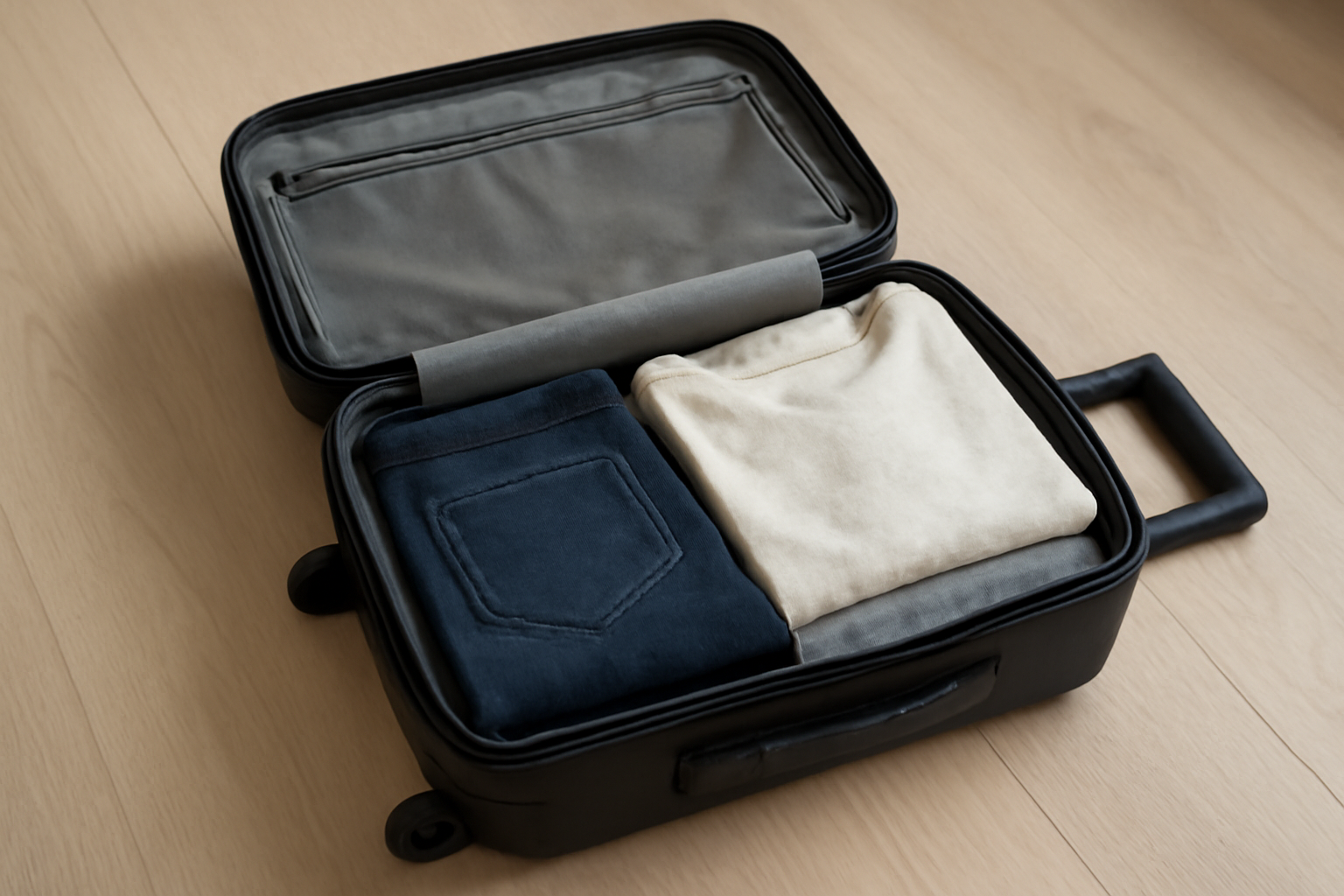 magasindemode-valise-cabine-weekend-minimal valise cabine ouverte avec quelques pièces pliées