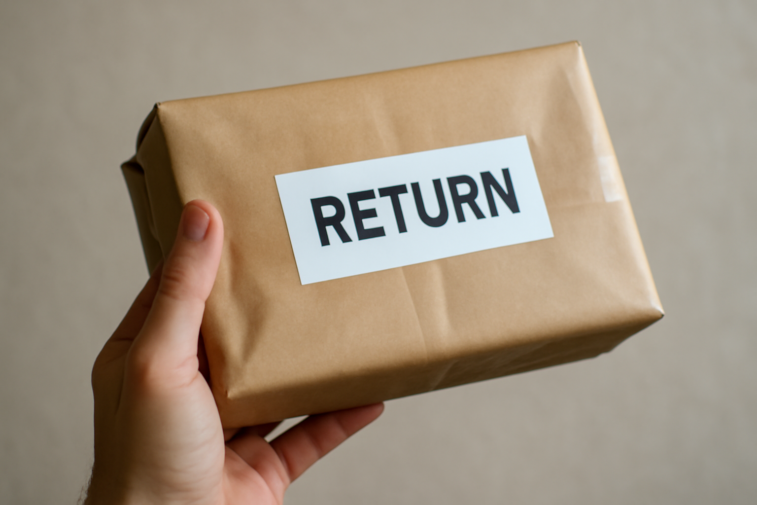 magasindemode-verifications-pour-retour-sans-frais main tenant un paquet prêt à être renvoyé