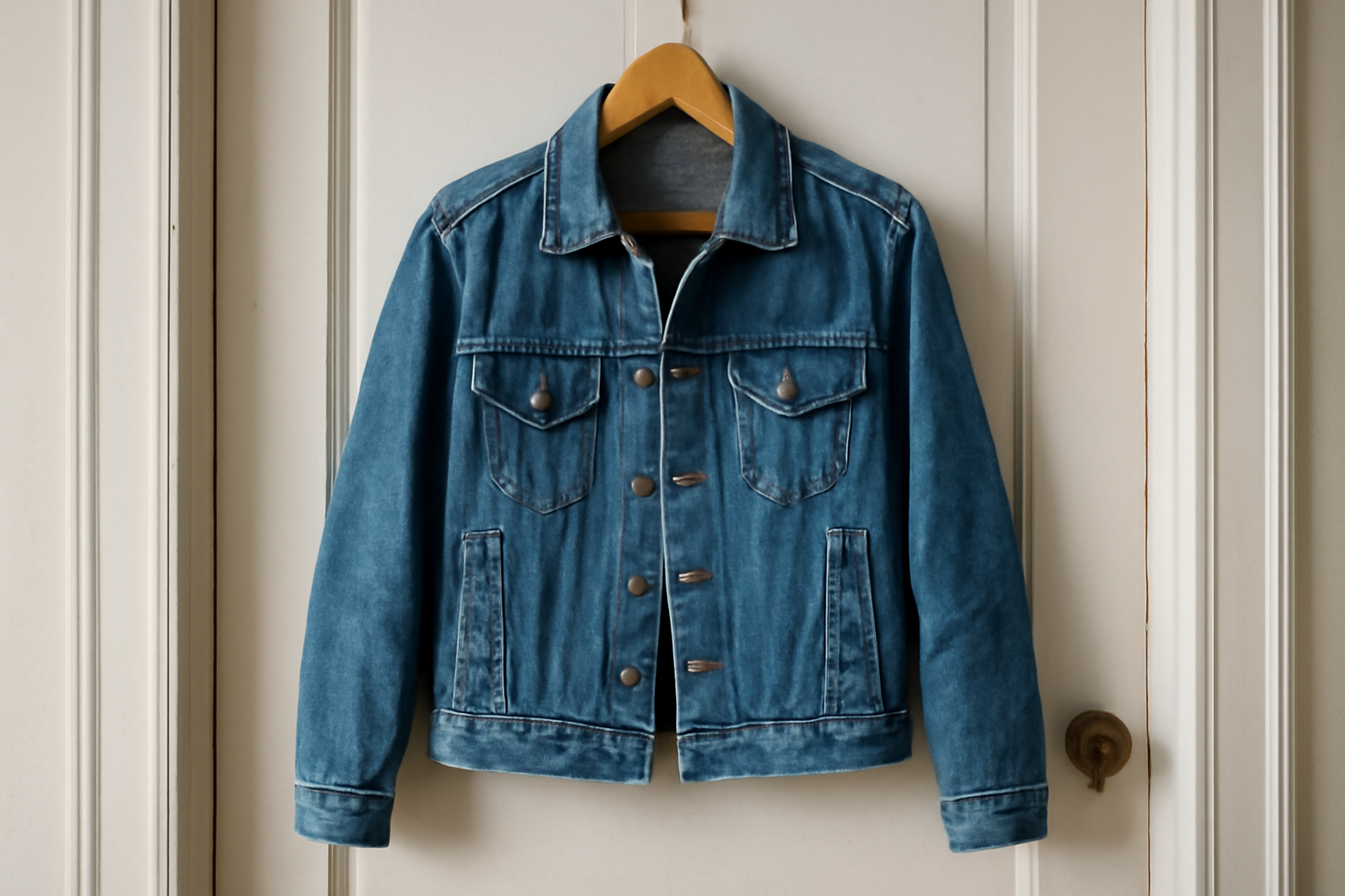 magasindemode-veste-denim-ne-se-deforme veste en jean suspendue sur porte