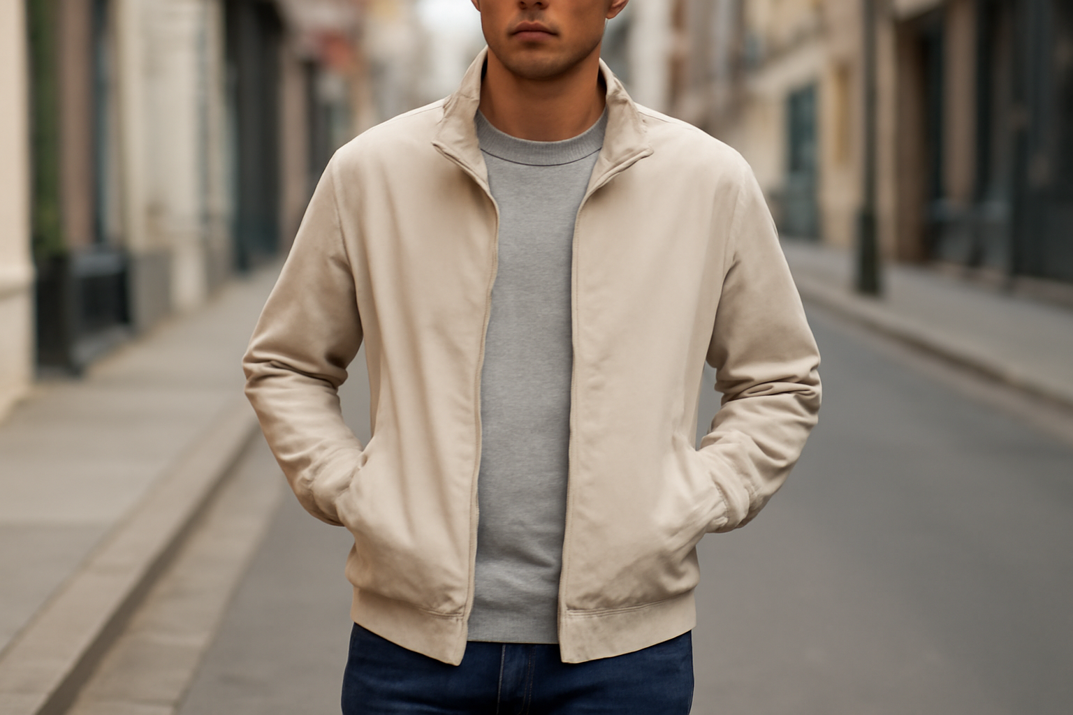 magasindemode-veste-legere-soir-frais personne portant une veste légère en rue
