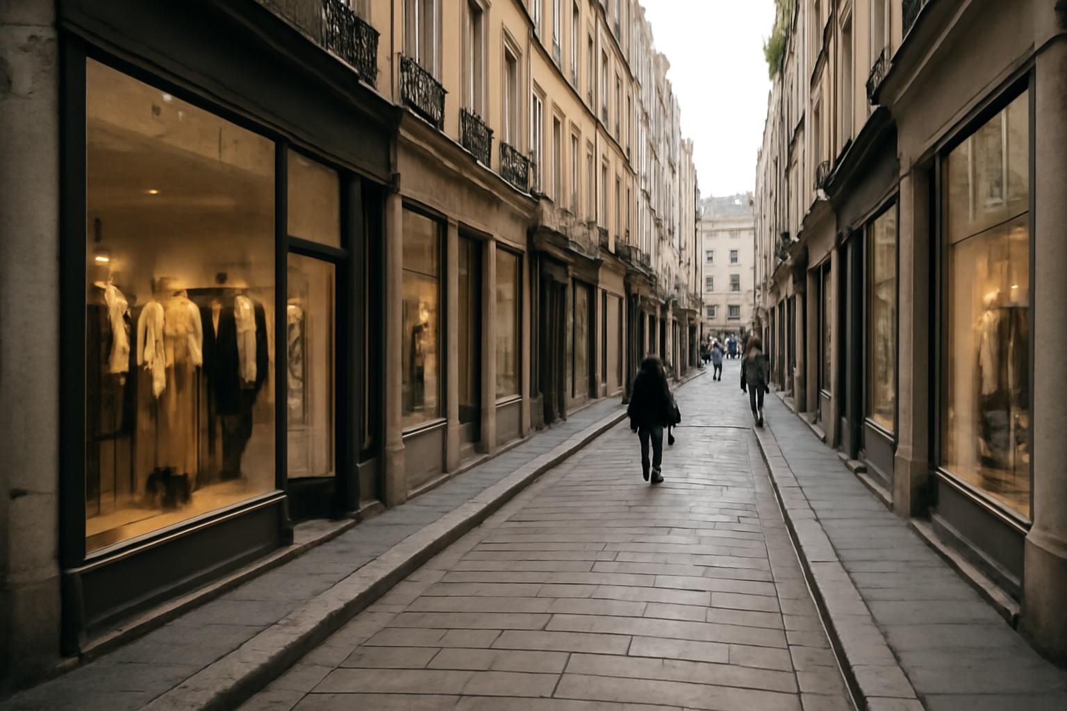 rue commerçante avec vitrines et peu de passants