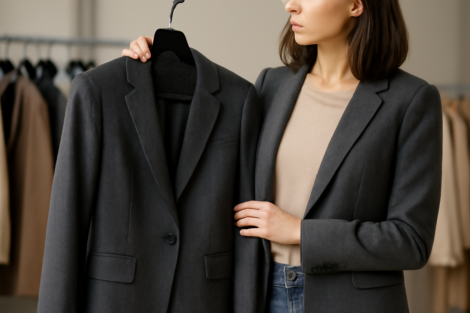 magasindemode-armani-signes-blazer personne essayant un blazer sur cintre