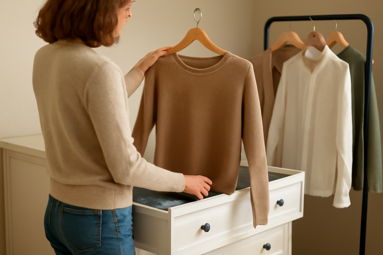 magasindemode-astuce-habillage-matin personne choisissant une tenue près d'une commode