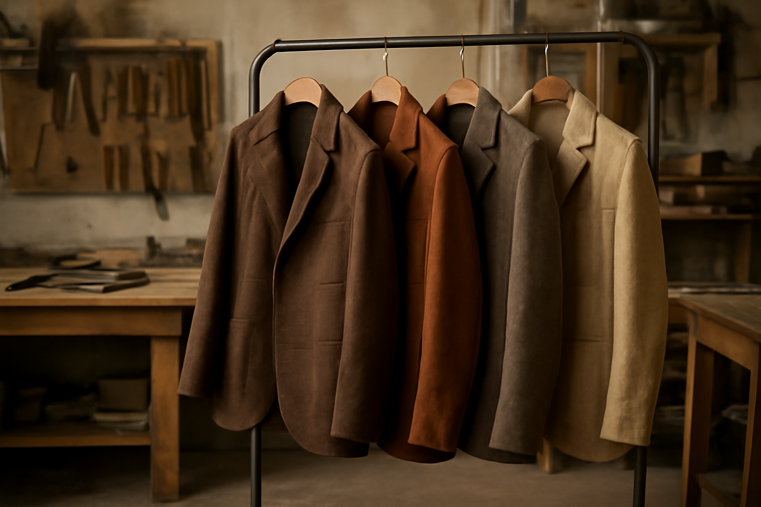 magasindemode-atelier-emeraude-vestes atelier montrant vestes artisanales suspendues sur cintres